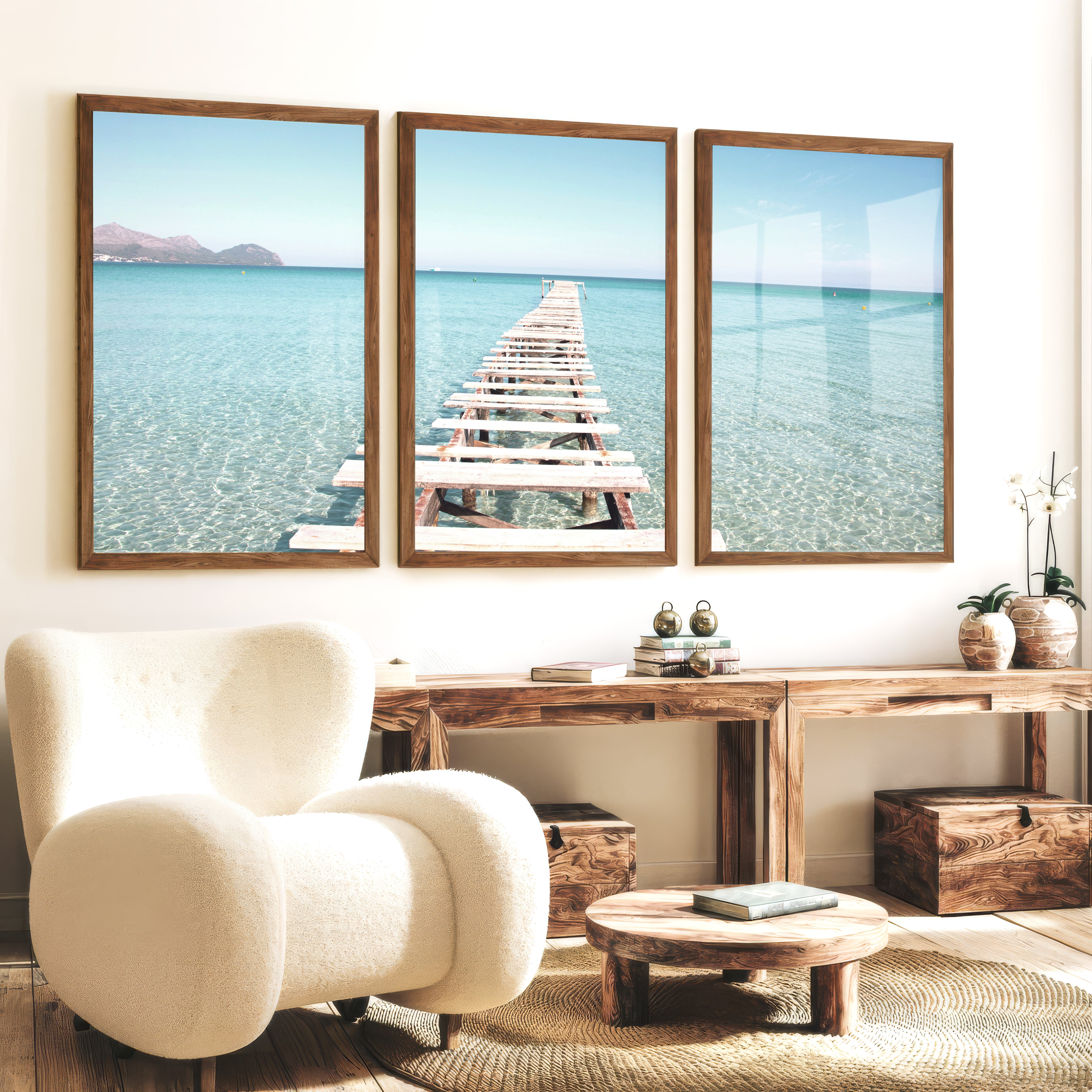 Wooden Pier Coastal Prints - Dark Brown Framed Poster No Border - Artworksets