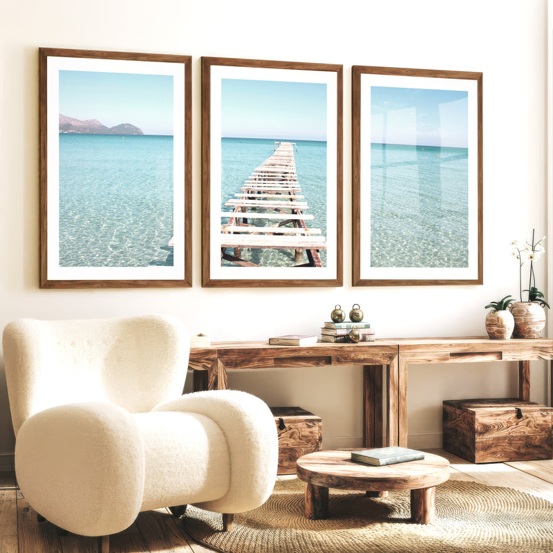 Wooden Pier Coastal Prints - Dark Brown Framed Poster with White Border - Artworksets