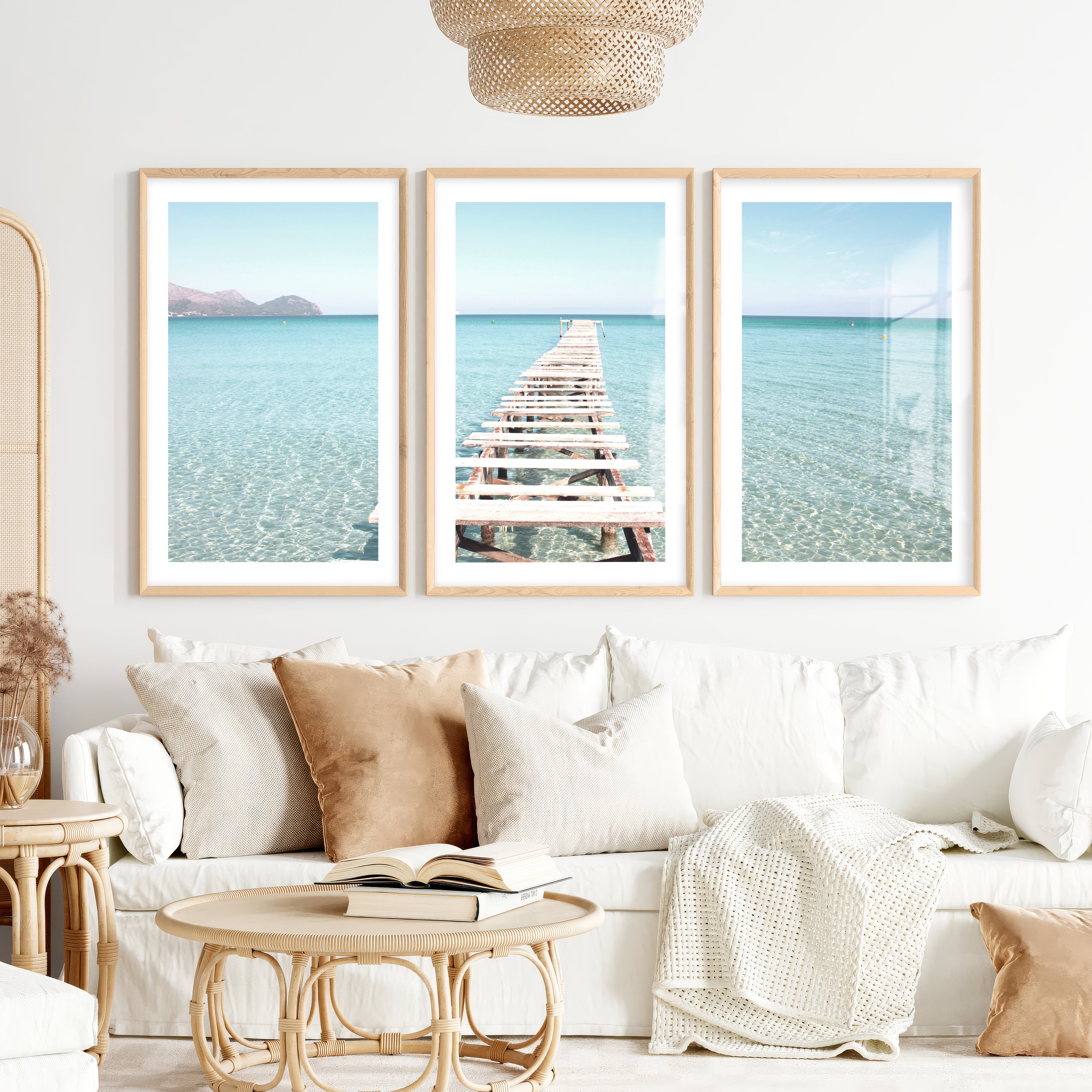 Wooden Pier Coastal Prints- Natural Wood Framed Poster with White Border - Artworksets