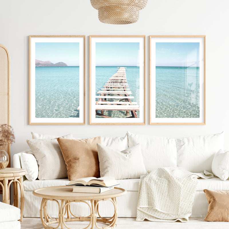 Wooden Pier Coastal Prints- Natural Wood Framed Poster with White Border - Artworksets