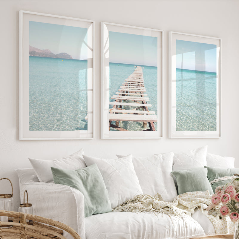 Wooden Pier Coastal Prints - White Framed Poster with White Border - Artworksets