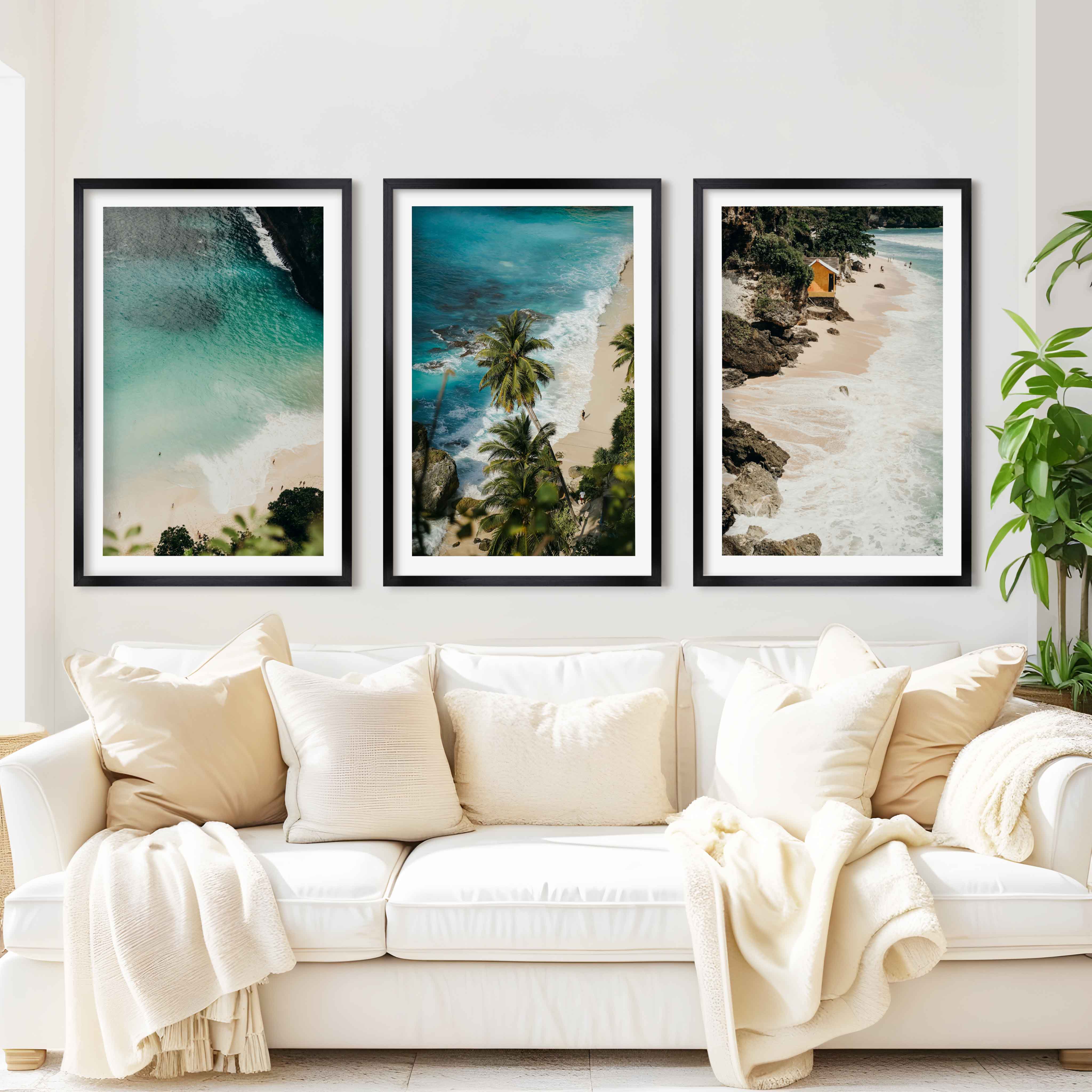 Coastal Style Artwork – Cliffs, Palms & Beach Retreat (Set of 3) - Black Framed Poster with White Border - Artworksets