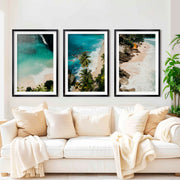 Coastal Style Artwork – Cliffs, Palms & Beach Retreat (Set of 3) - Black Framed Poster with White Border - Artworksets