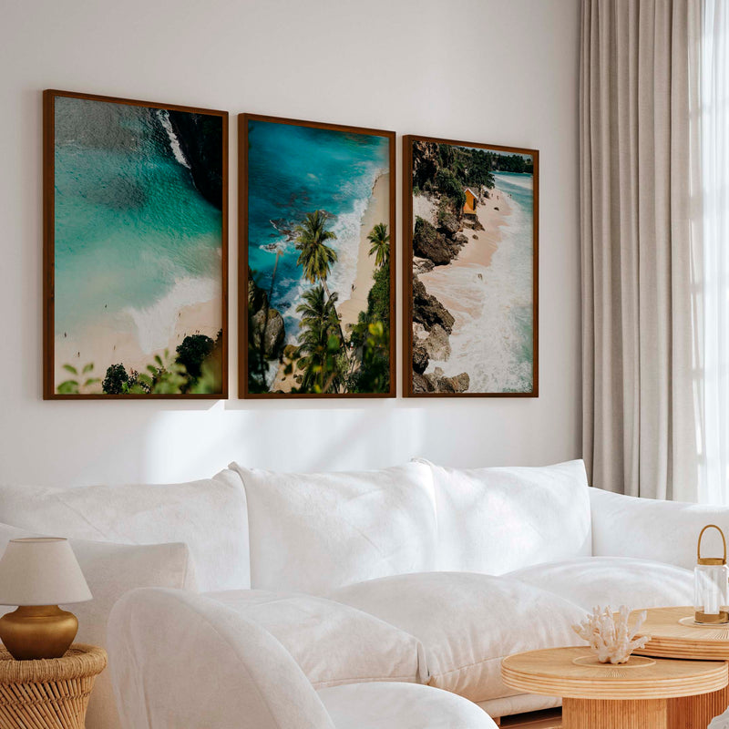Coastal Style Artwork – Cliffs, Palms & Beach Retreat (Set of 3) - Dark Brown Framed Poster No Border - Artworksets