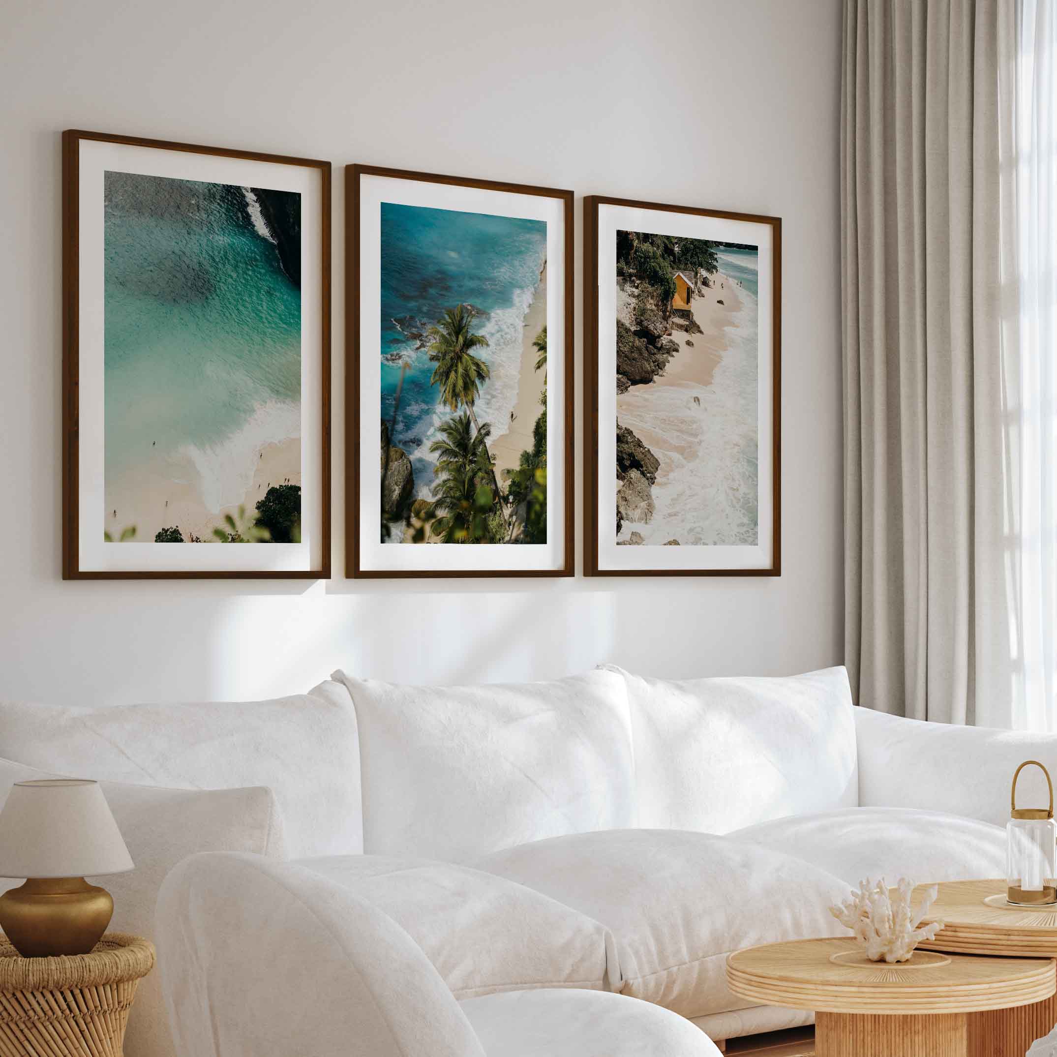 Coastal Style Artwork – Cliffs, Palms & Beach Retreat (Set of 3) - Dark Brown Framed Poster with White Border - Artworksets