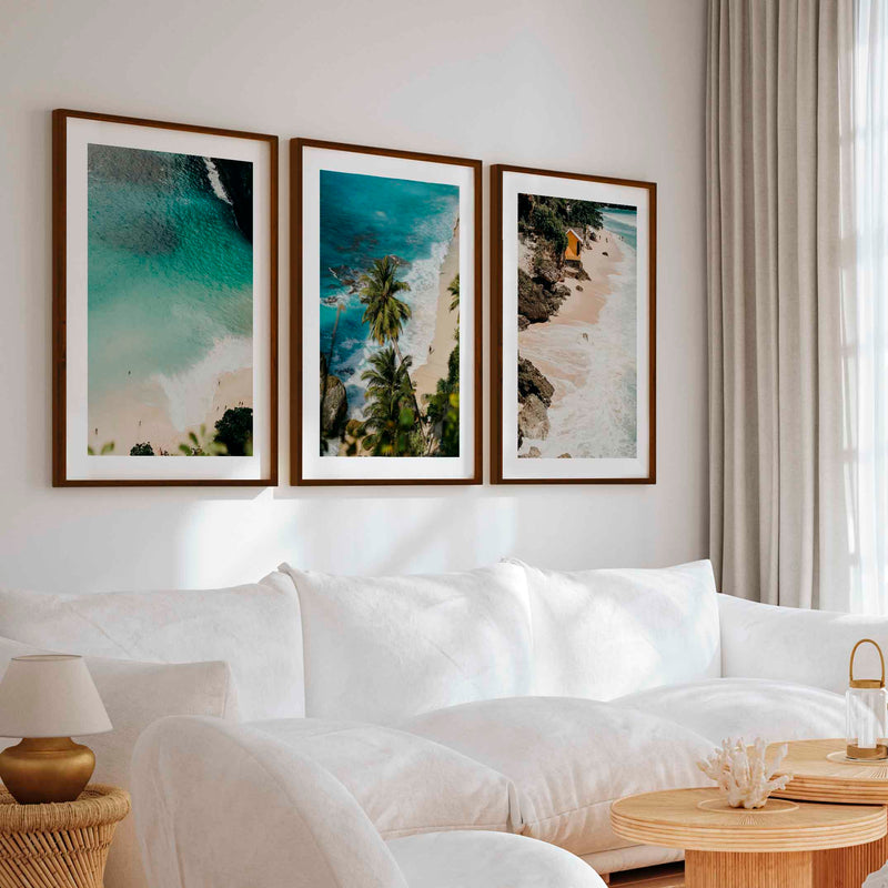 Coastal Style Artwork – Cliffs, Palms & Beach Retreat (Set of 3) - Dark Brown Framed Poster with White Border - Artworksets