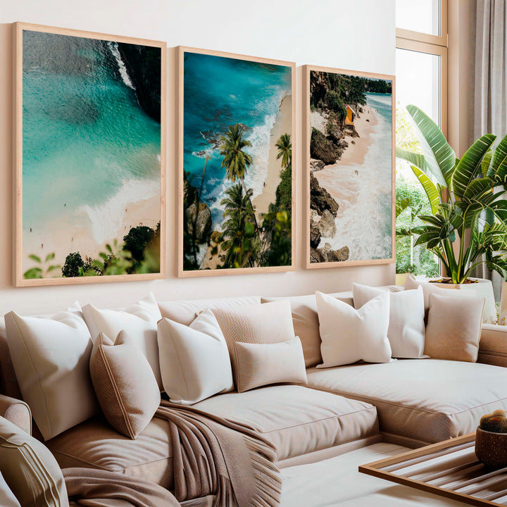 Coastal Style Artwork – Cliffs, Palms & Beach Retreat (Set of 3) - Natural Wood Framed Poster No Border - Artworksets