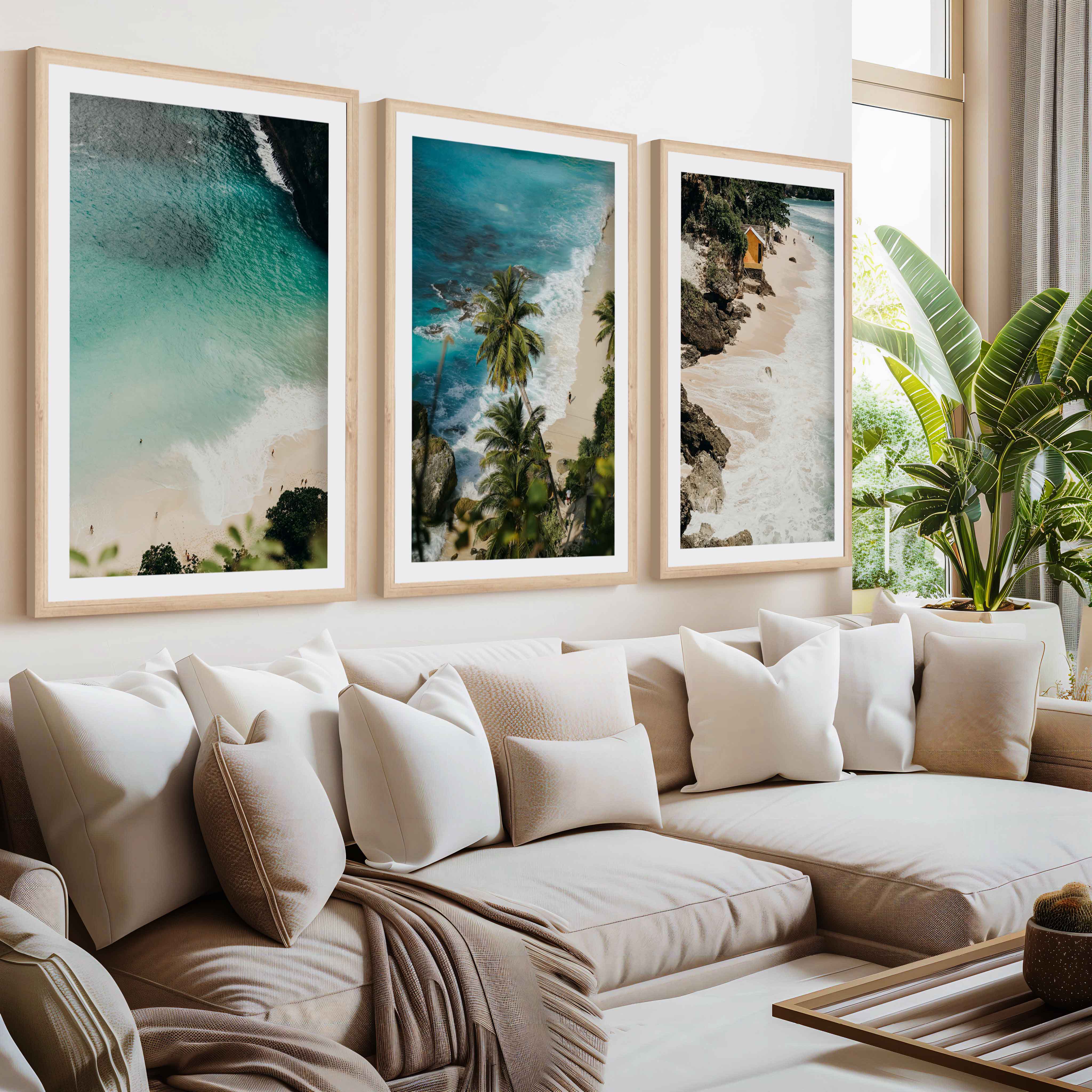 Coastal Style Artwork – Cliffs, Palms & Beach Retreat (Set of 3)- Natural Wood Framed Poster with White Border - Artworksets