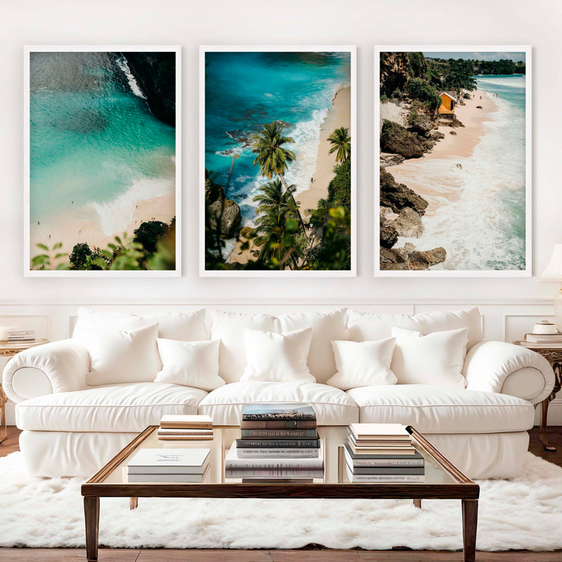 Coastal Style Artwork – Cliffs, Palms & Beach Retreat (Set of 3) - White Framed Poster No Border - Artworksets