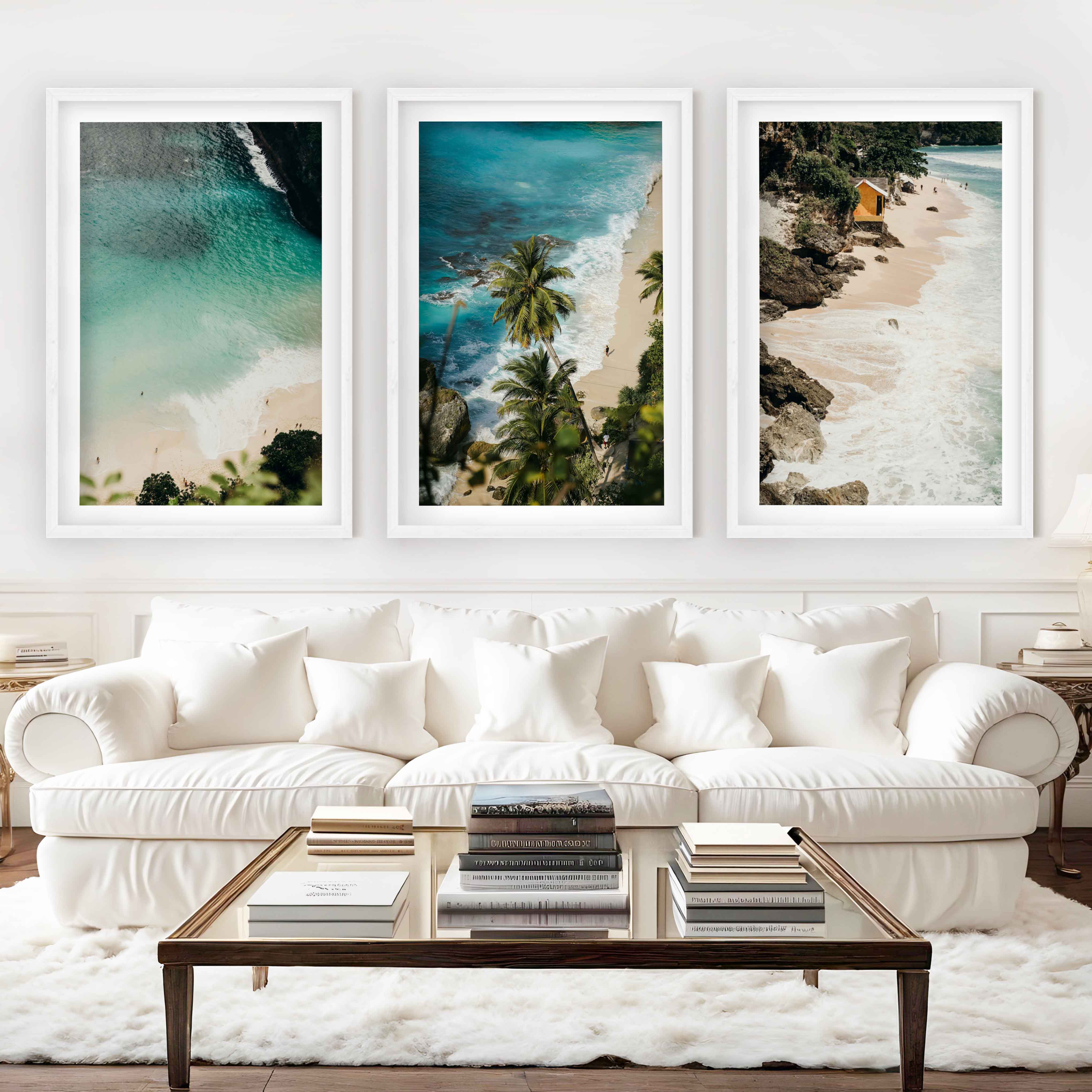 Coastal Style Artwork – Cliffs, Palms & Beach Retreat (Set of 3) - White Framed Poster with White Border - Artworksets