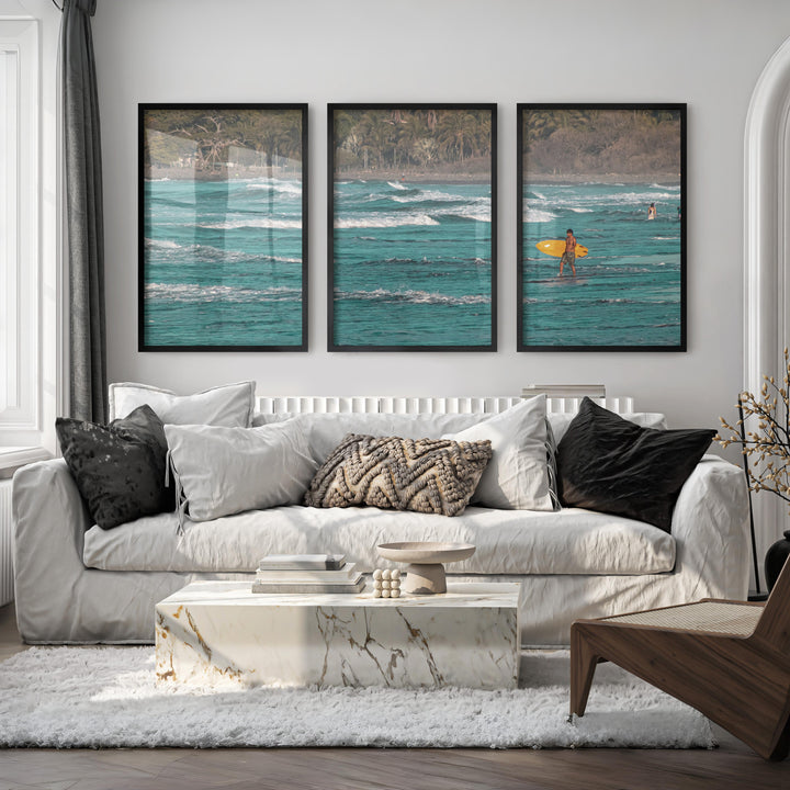 Yellow Surfboard Coastal Style Artwork - Black Framed Poster No Border - Artworksets