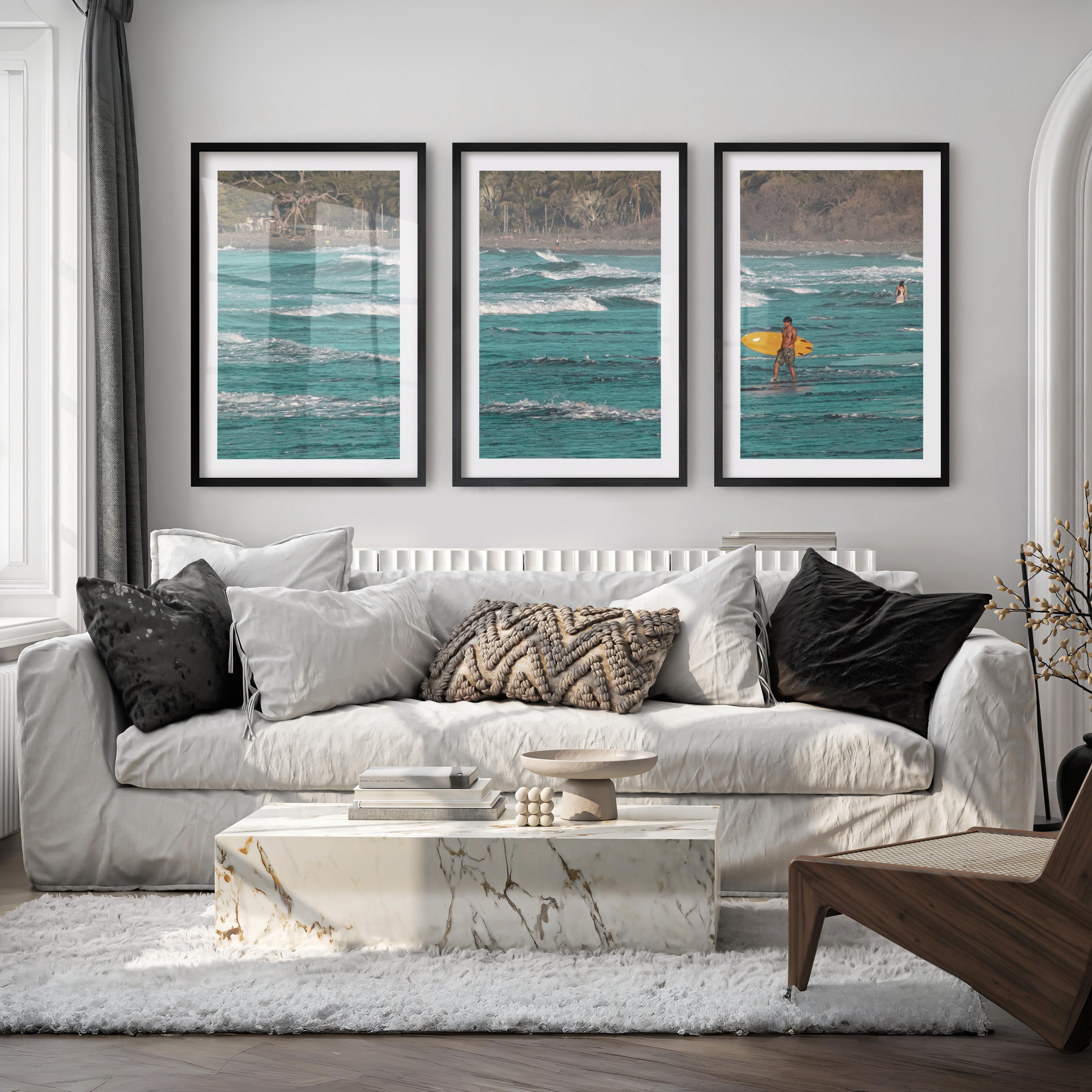 Yellow Surfboard Coastal Style Artwork - Black Framed Poster with White Border - Artworksets