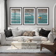 Yellow Surfboard Coastal Style Artwork - Black Framed Poster with White Border - Artworksets