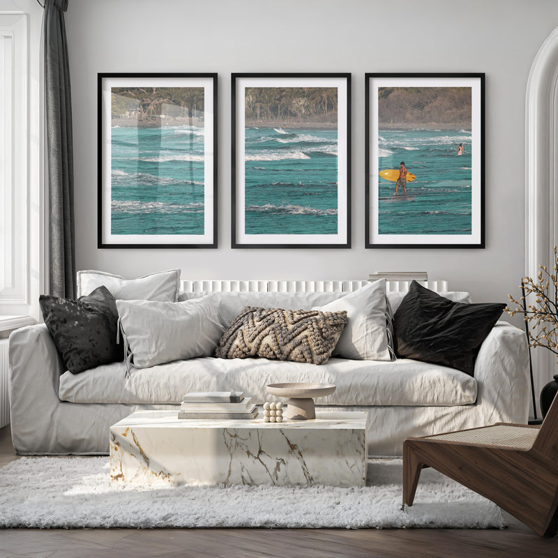 Yellow Surfboard Coastal Style Artwork - Black Framed Poster with White Border - Artworksets