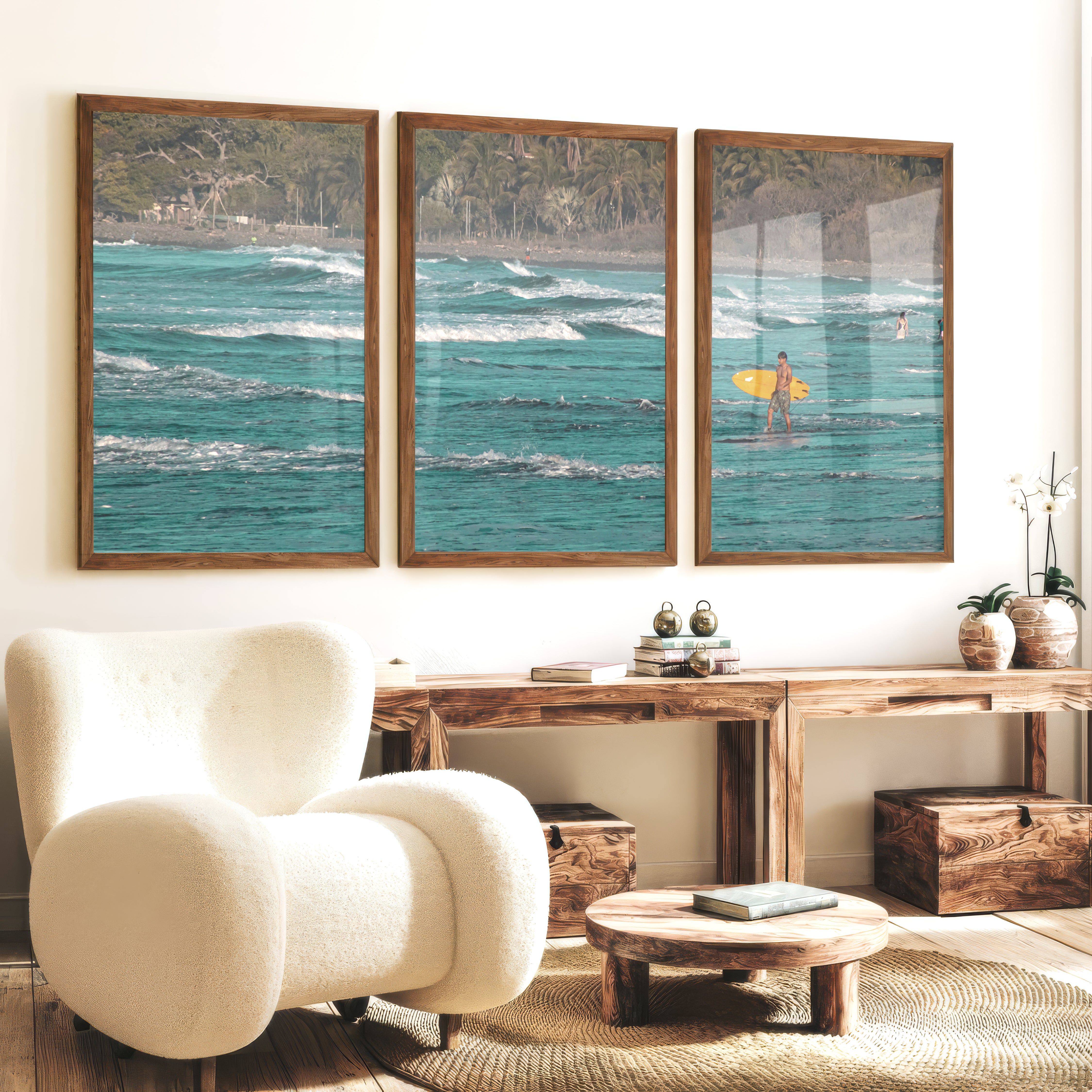 Yellow Surfboard Coastal Style Artwork - Dark Brown Framed Poster No Border - Artworksets