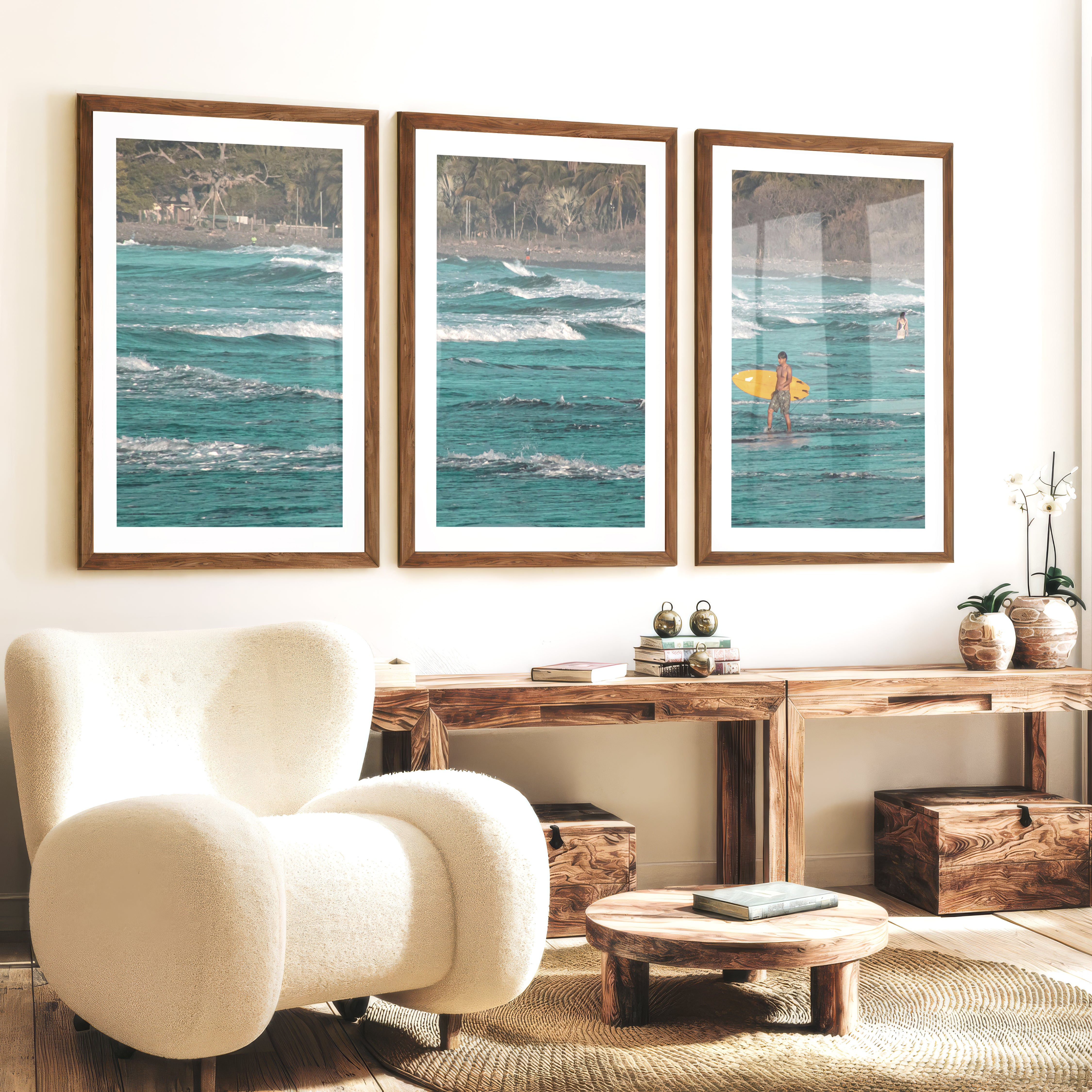 Yellow Surfboard Coastal Style Artwork - Dark Brown Framed Poster with White Border - Artworksets