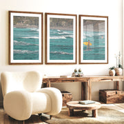 Yellow Surfboard Coastal Style Artwork - Dark Brown Framed Poster with White Border - Artworksets