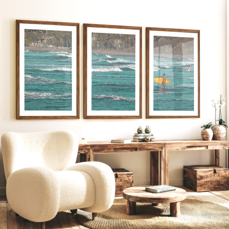 Yellow Surfboard Coastal Style Artwork - Dark Brown Framed Poster with White Border - Artworksets