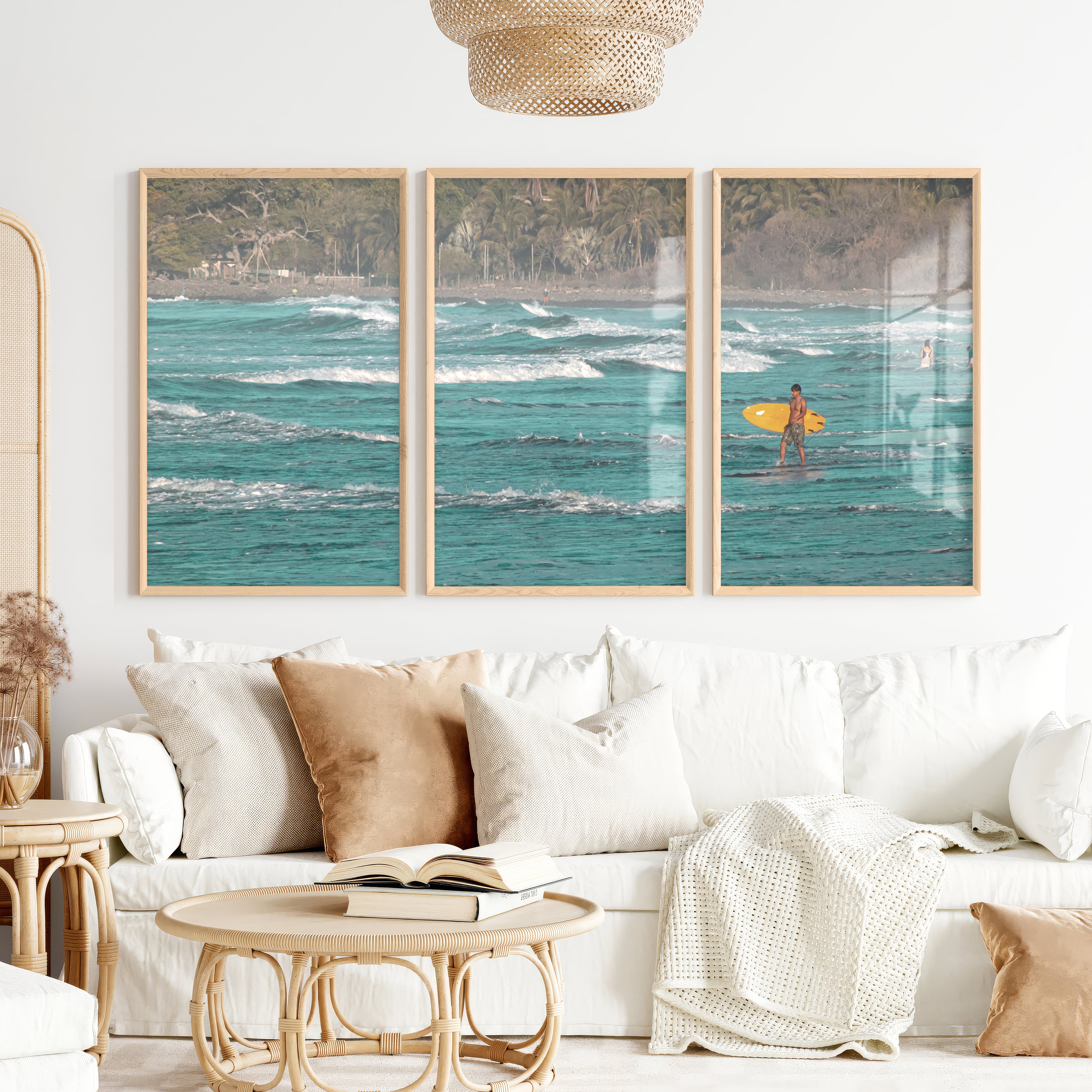 Yellow Surfboard Coastal Style Artwork - Natural Wood Framed Poster No Border - Artworksets