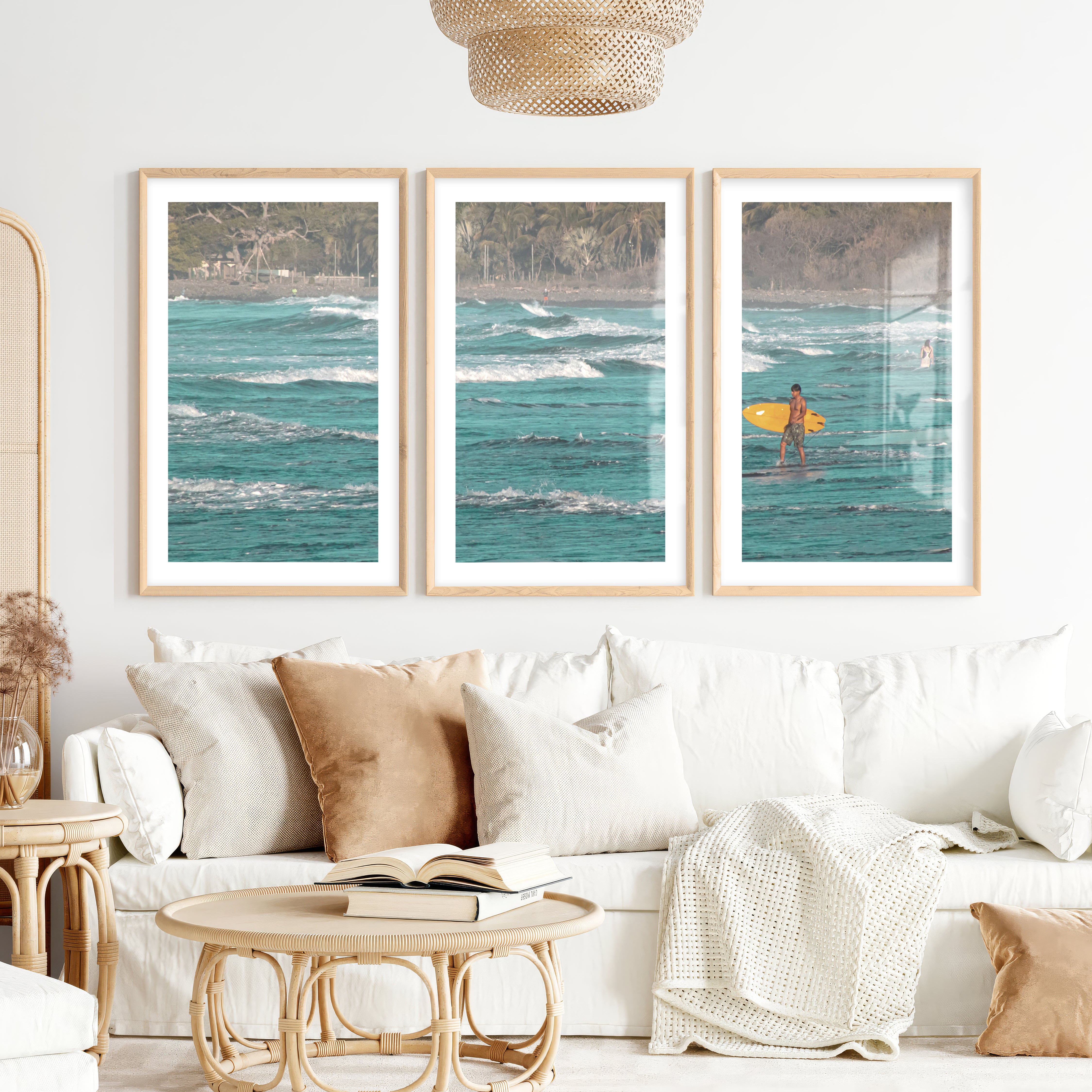Yellow Surfboard Coastal Style Artwork- Natural Wood Framed Poster with White Border - Artworksets