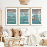 Yellow Surfboard Coastal Style Artwork- Natural Wood Framed Poster with White Border - Artworksets