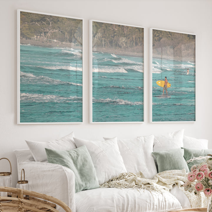 Yellow Surfboard Coastal Style Artwork - White Framed Poster No Border - Artworksets