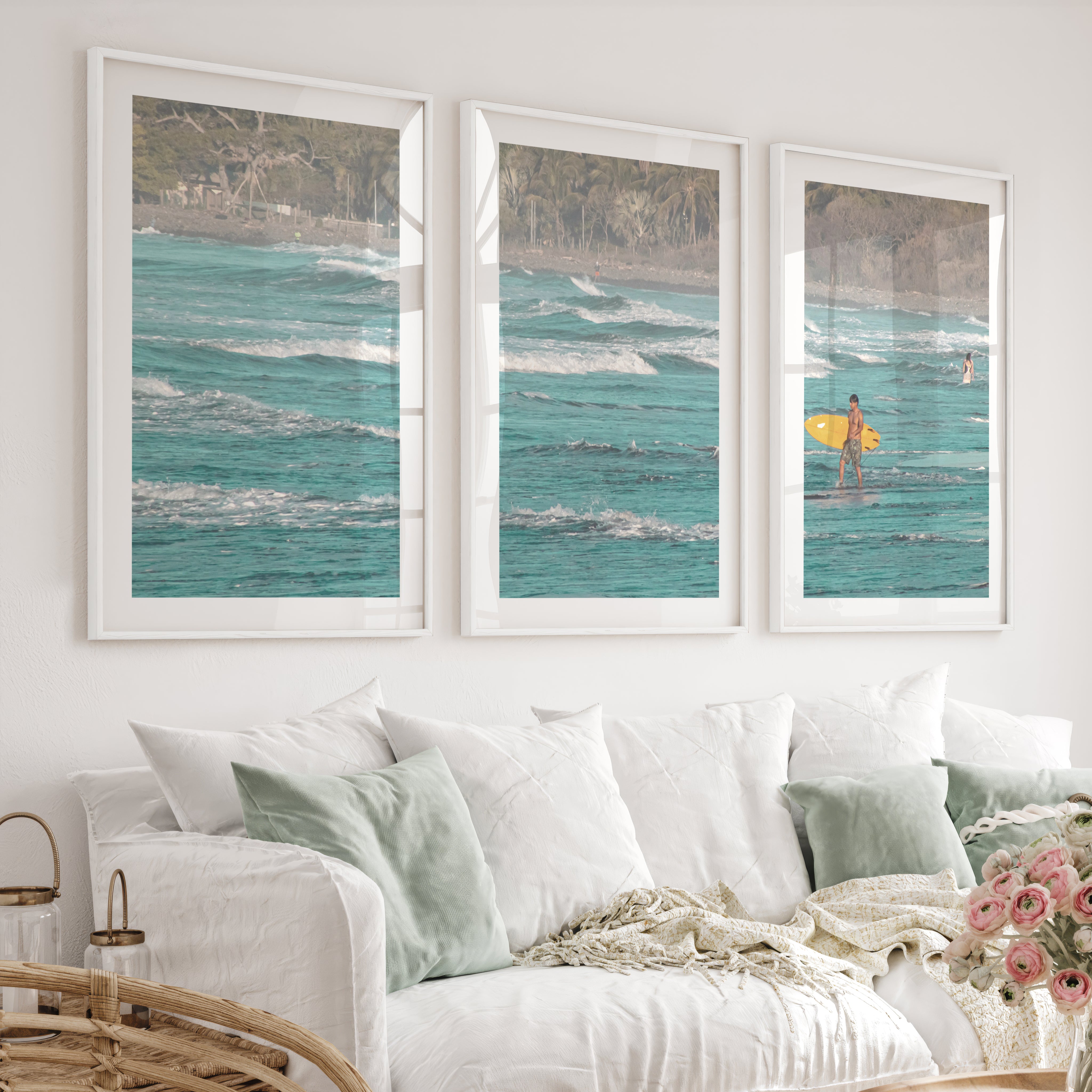 Yellow Surfboard Coastal Style Artwork - White Framed Poster with White Border - Artworksets