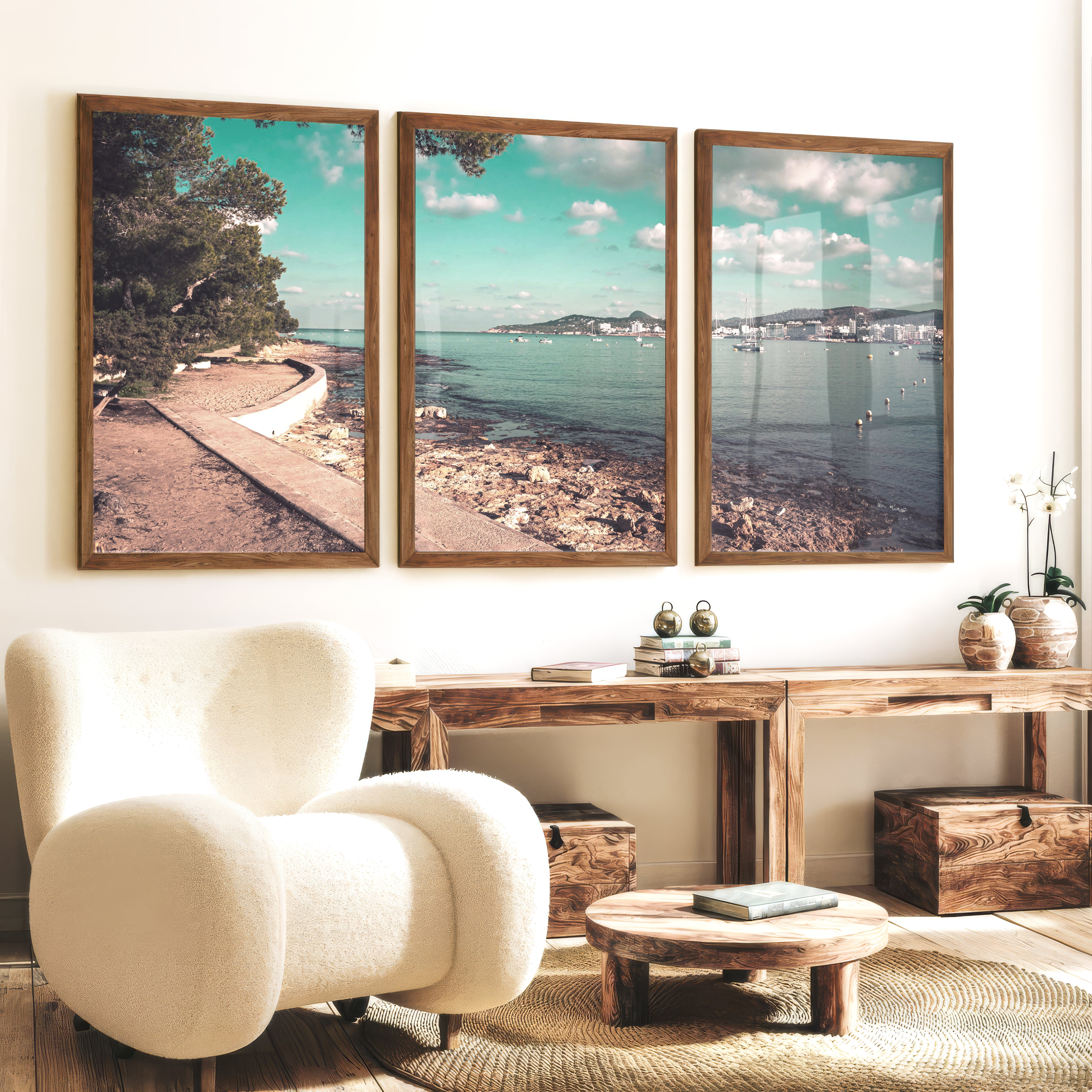 Pine Bay coastal style prints with Sailboats - Dark Brown Framed Poster No Border - Artworksets