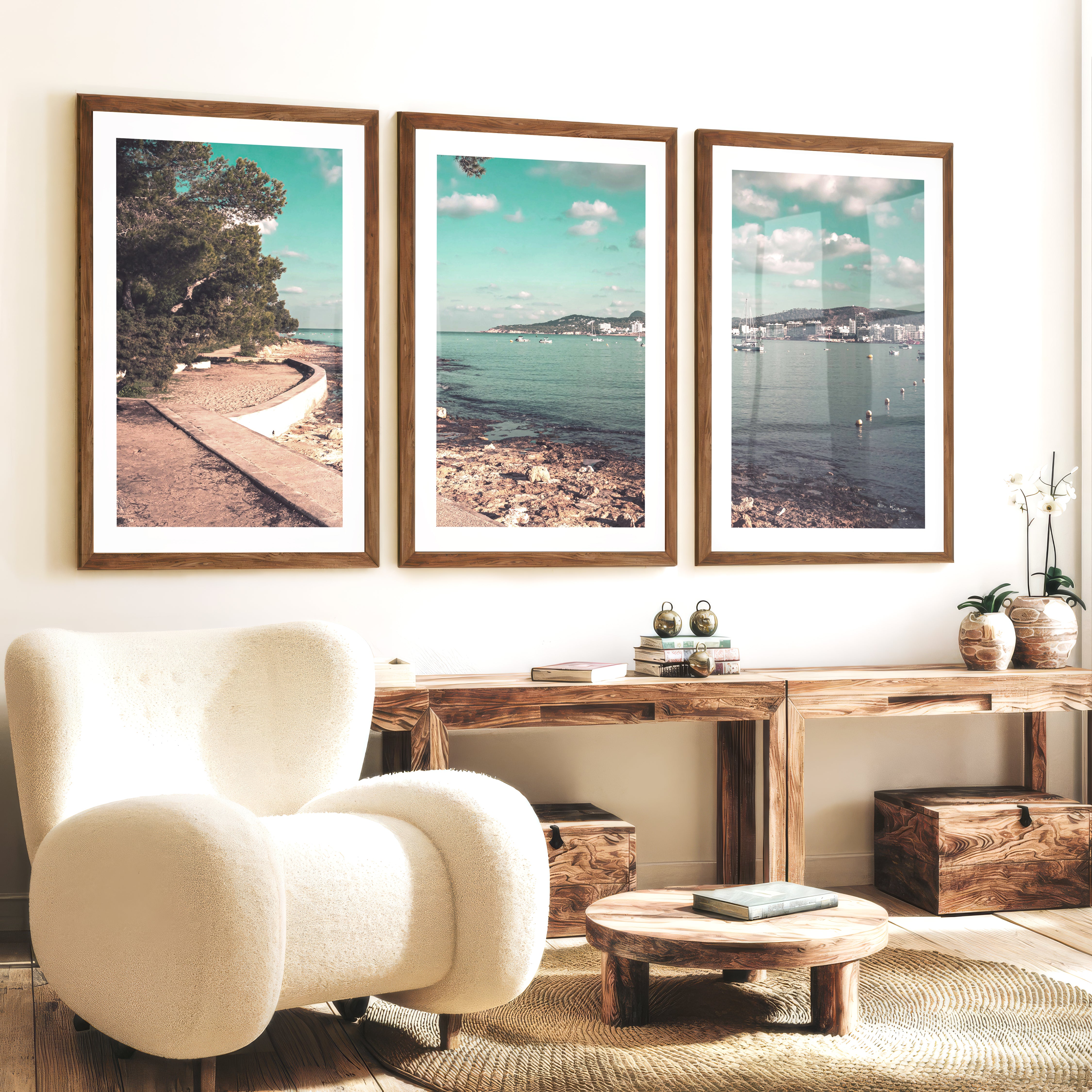 Pine Bay coastal style prints with Sailboats - Dark Brown Framed Poster with White Border - Artworksets