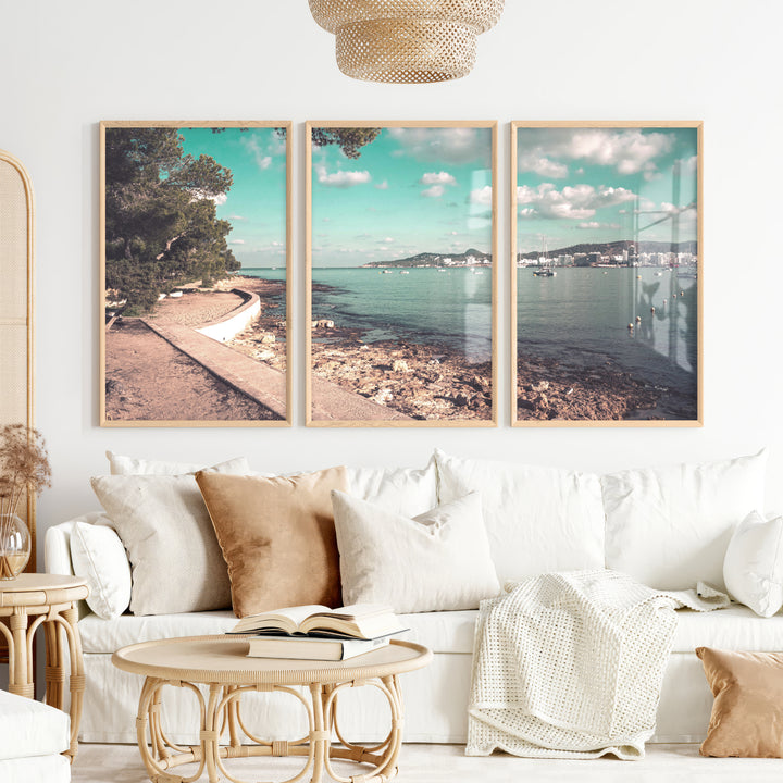 Pine Bay coastal style prints with Sailboats - Natural Wood Framed Poster No Border - Artworksets