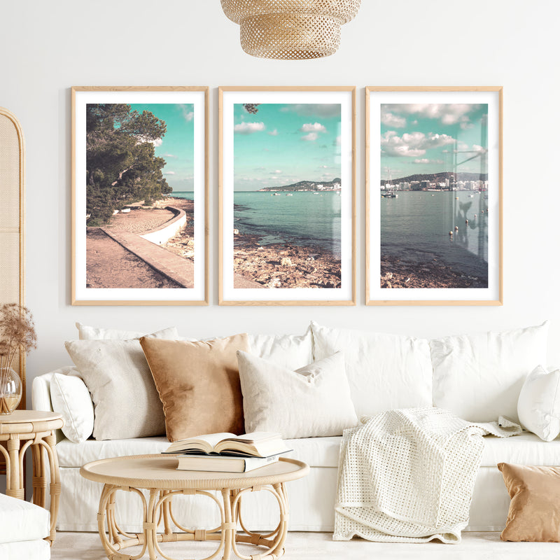 Pine Bay coastal style prints with Sailboats- Natural Wood Framed Poster with White Border - Artworksets