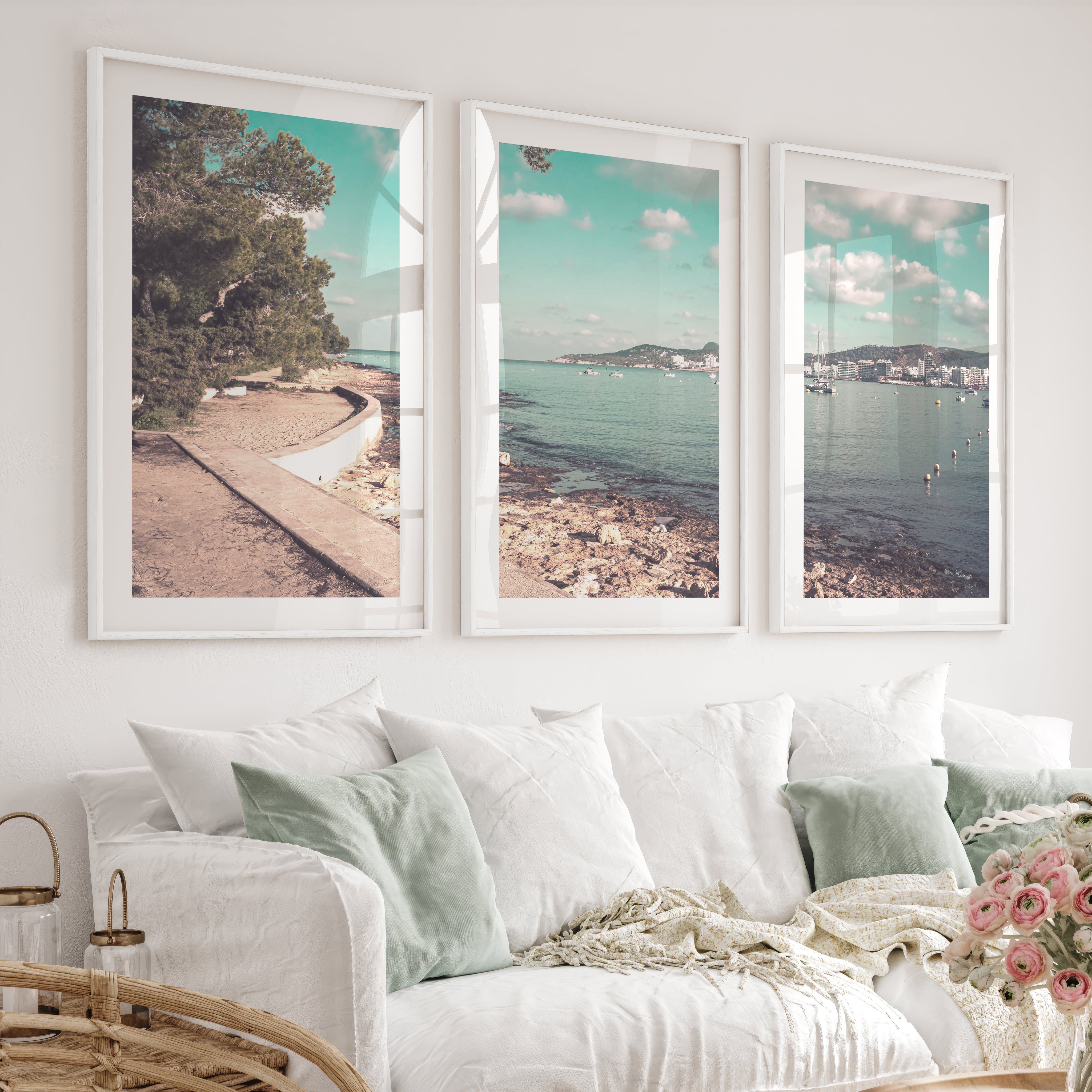 Pine Bay coastal style prints with Sailboats - White Framed Poster with White Border - Artworksets