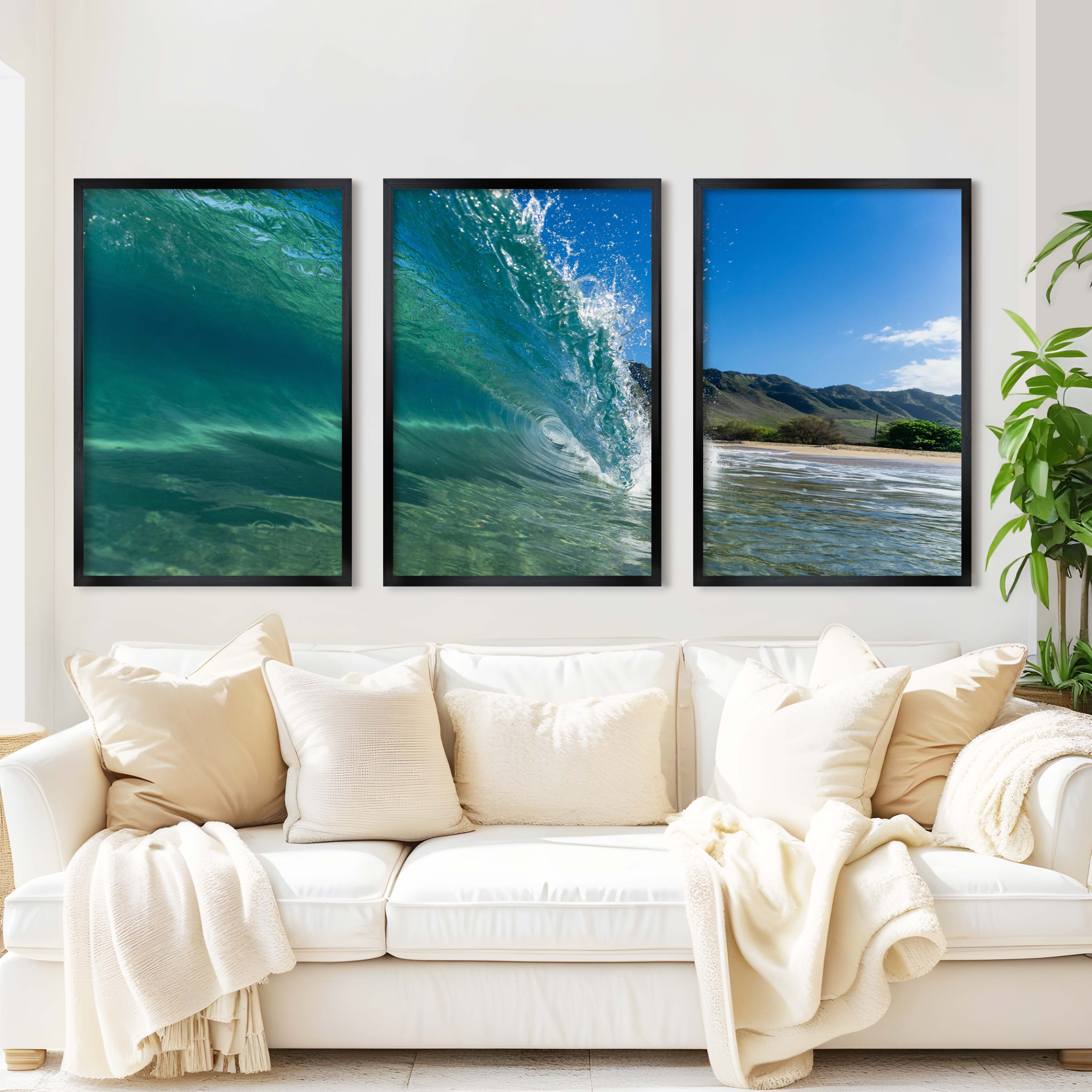 Coastal Style Prints – Ocean Wave Tunnel Triptych (Set of 3) - Black Framed Poster No Border - Artworksets