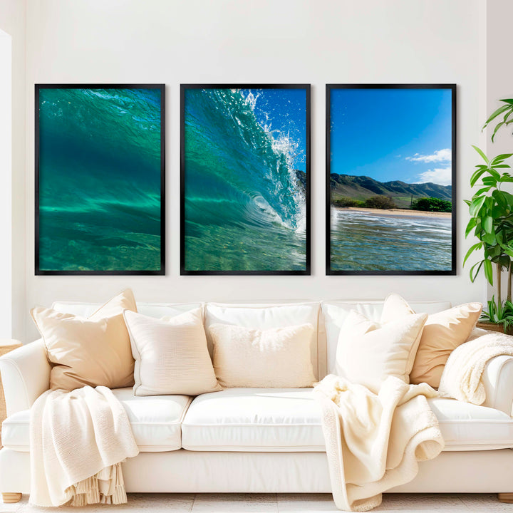 Coastal Style Prints – Ocean Wave Tunnel Triptych (Set of 3) - Black Framed Poster No Border - Artworksets