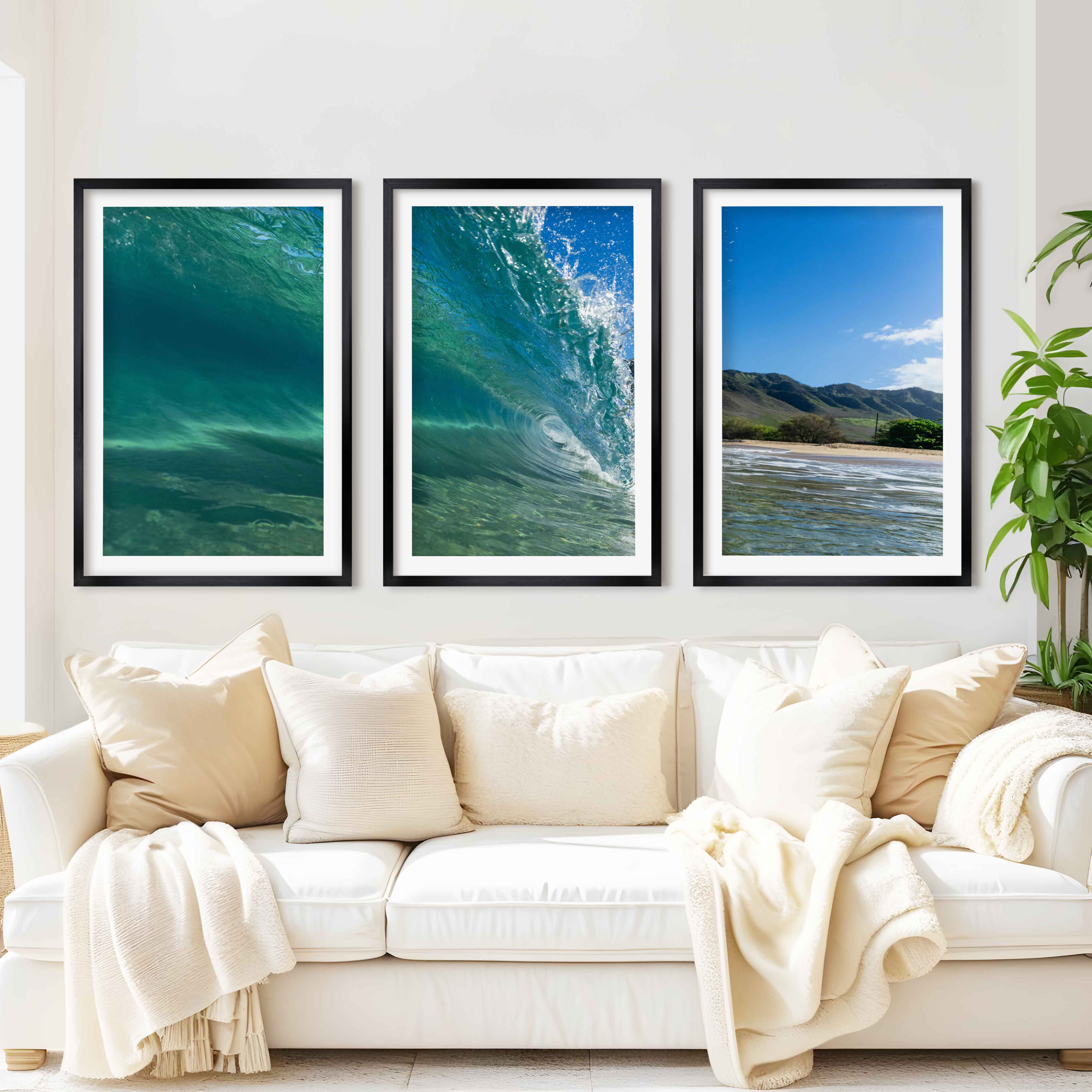 Coastal Style Prints – Ocean Wave Tunnel Triptych (Set of 3) - Black Framed Poster with White Border - Artworksets