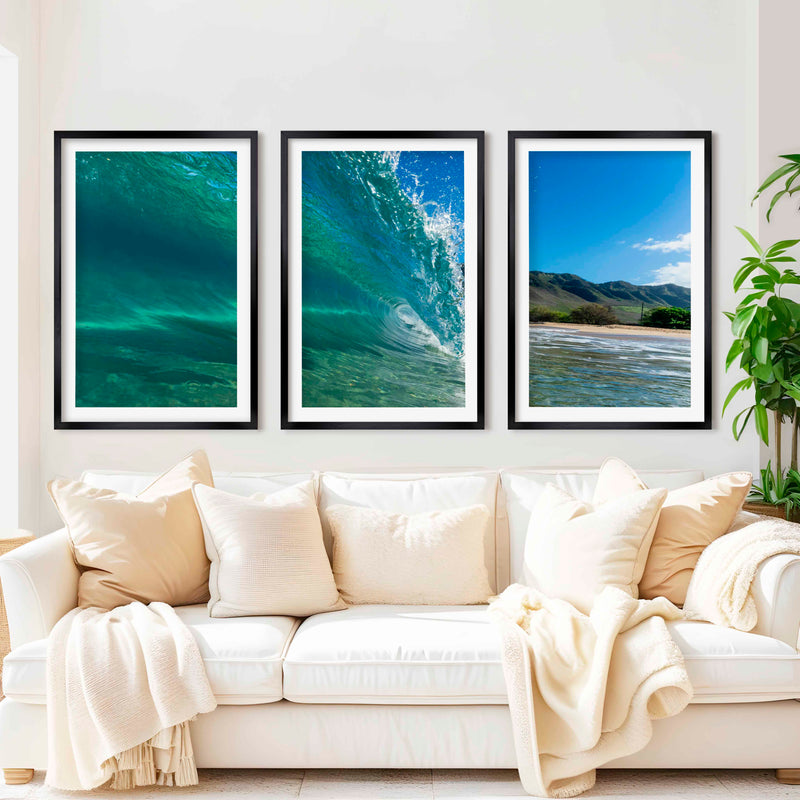 Coastal Style Prints – Ocean Wave Tunnel Triptych (Set of 3) - Black Framed Poster with White Border - Artworksets