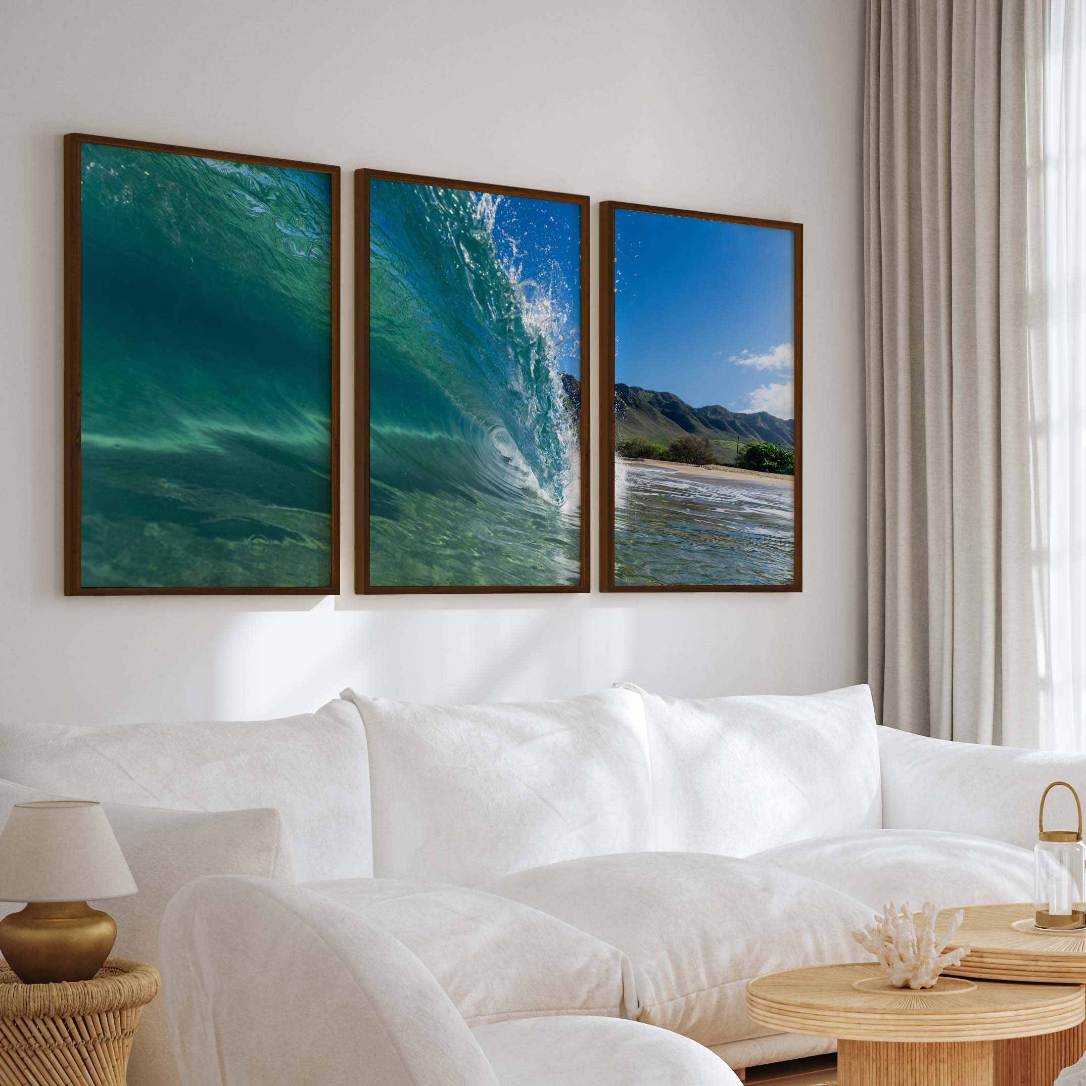 Coastal Style Prints – Ocean Wave Tunnel Triptych (Set of 3) - Dark Brown Framed Poster No Border - Artworksets