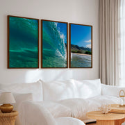 Coastal Style Prints – Ocean Wave Tunnel Triptych (Set of 3) - Dark Brown Framed Poster No Border - Artworksets