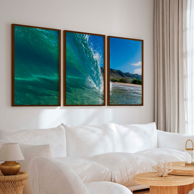 Coastal Style Prints – Ocean Wave Tunnel Triptych (Set of 3) - Dark Brown Framed Poster No Border - Artworksets