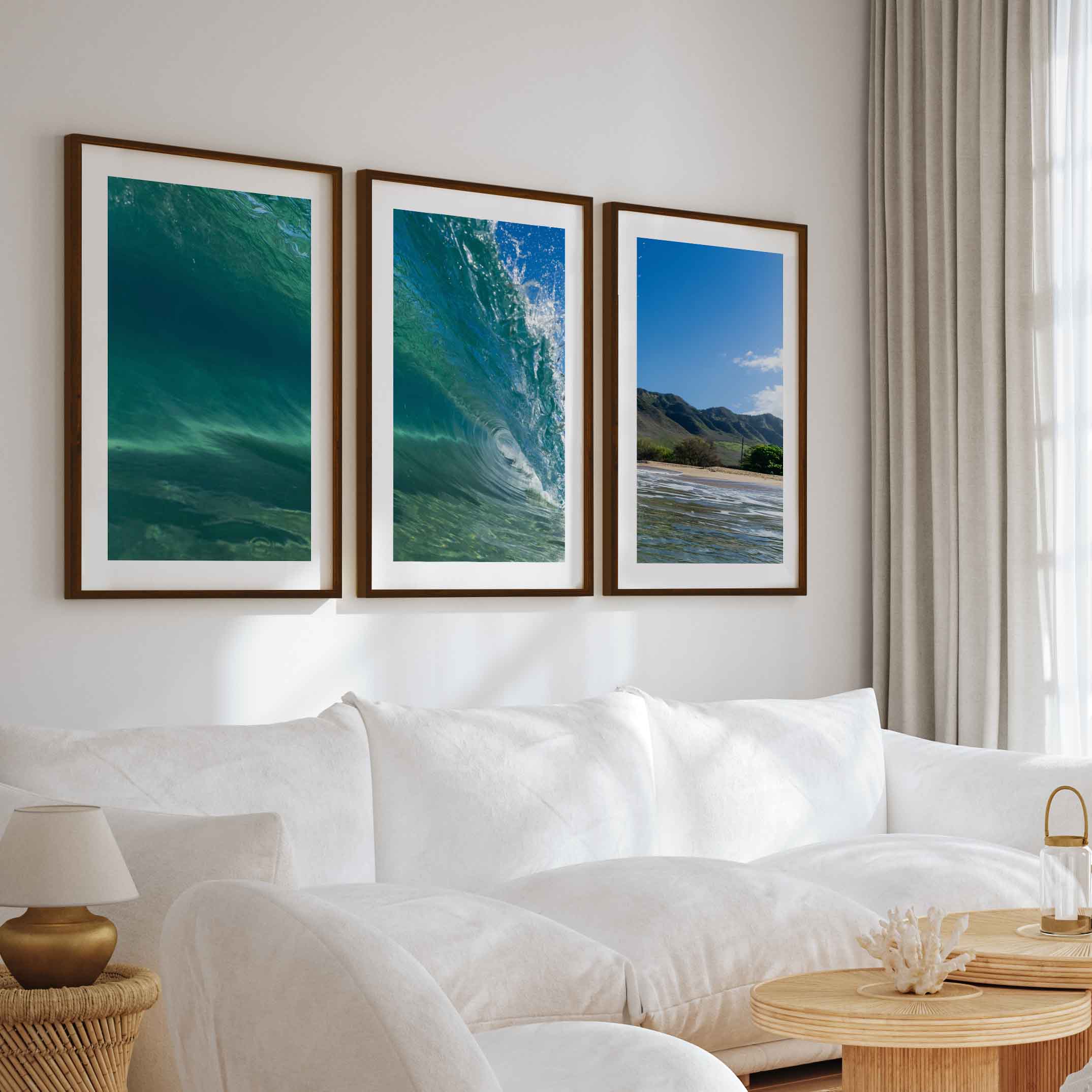 Coastal Style Prints – Ocean Wave Tunnel Triptych (Set of 3) - Dark Brown Framed Poster with White Border - Artworksets