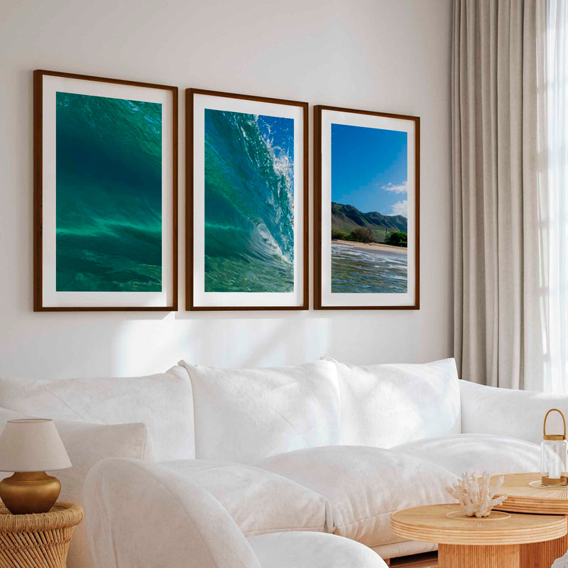 Coastal Style Prints – Ocean Wave Tunnel Triptych (Set of 3) - Dark Brown Framed Poster with White Border - Artworksets