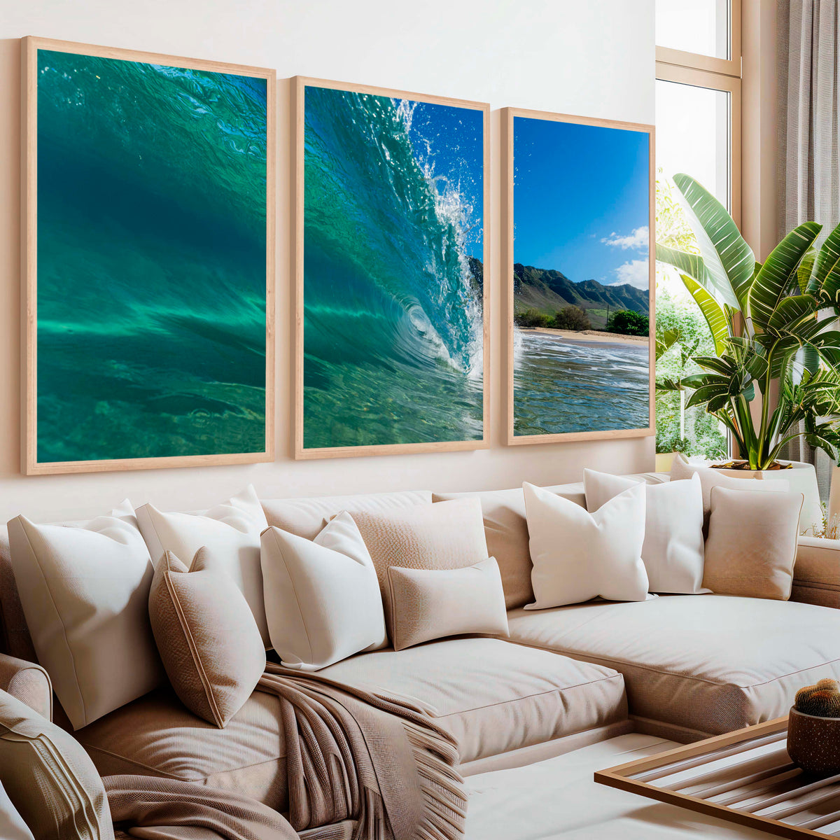 Coastal Style Prints – Ocean Wave Tunnel Triptych (Set of 3) - Natural Wood Framed Poster No Border - Artworksets