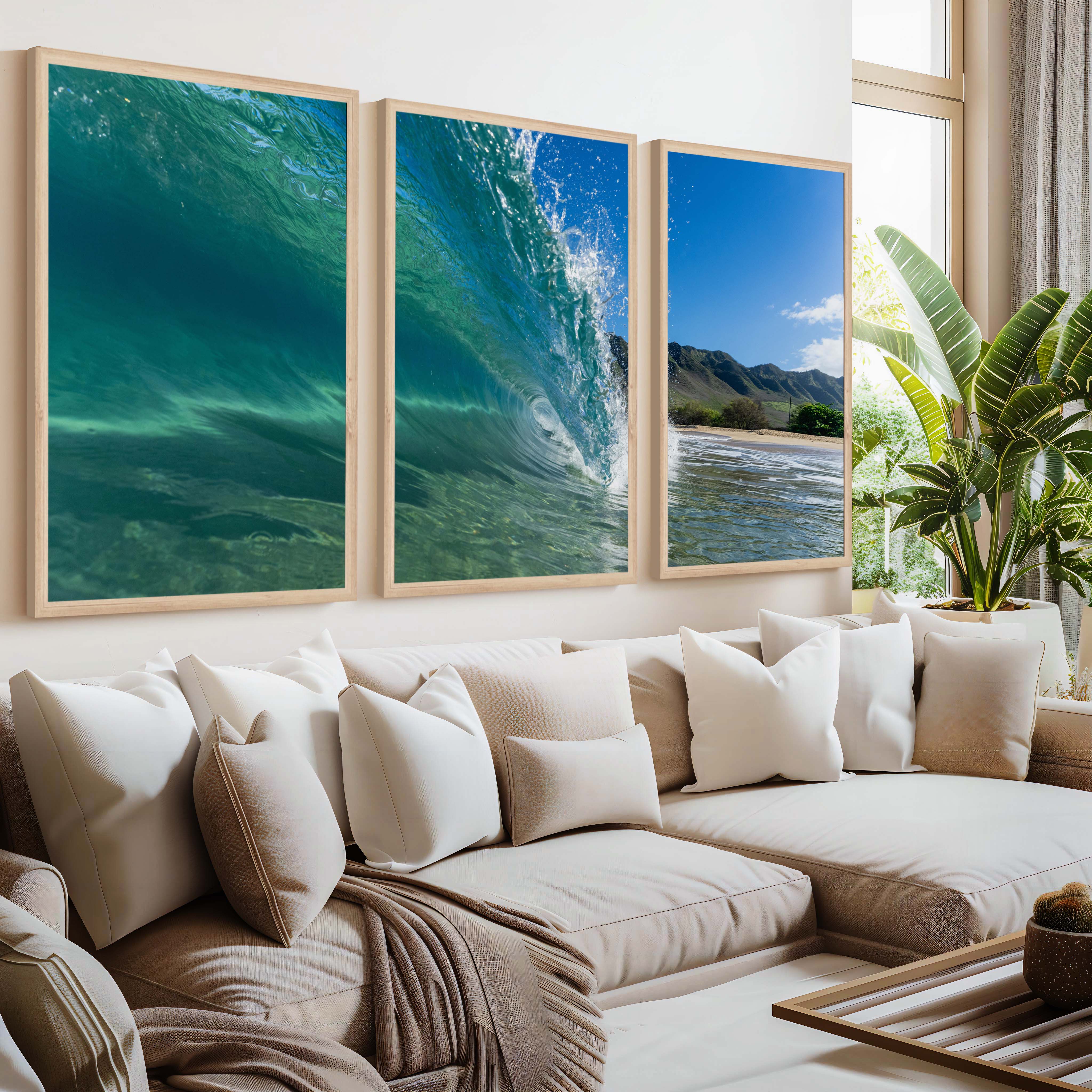 Coastal Style Prints – Ocean Wave Tunnel Triptych (Set of 3) - Natural Wood Framed Poster No Border - Artworksets