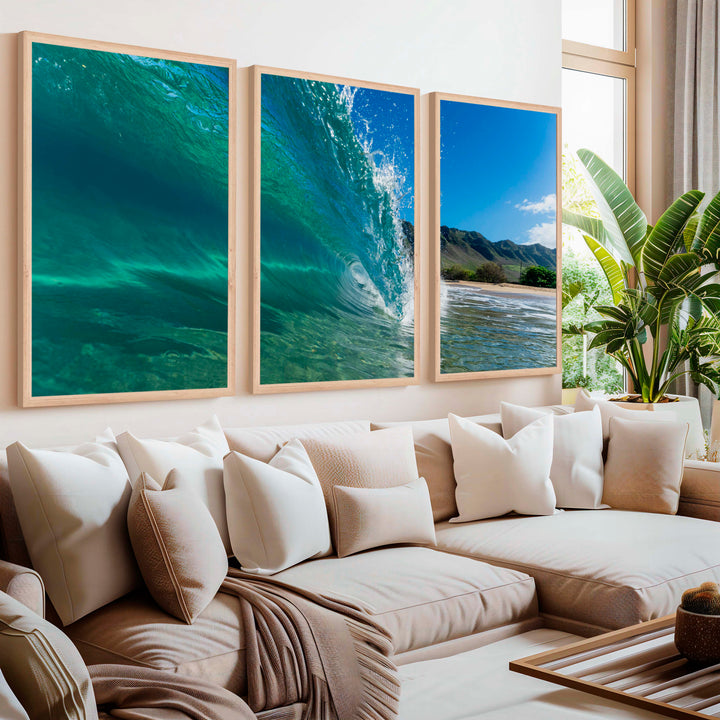 Coastal Style Prints – Ocean Wave Tunnel Triptych (Set of 3) - Natural Wood Framed Poster No Border - Artworksets