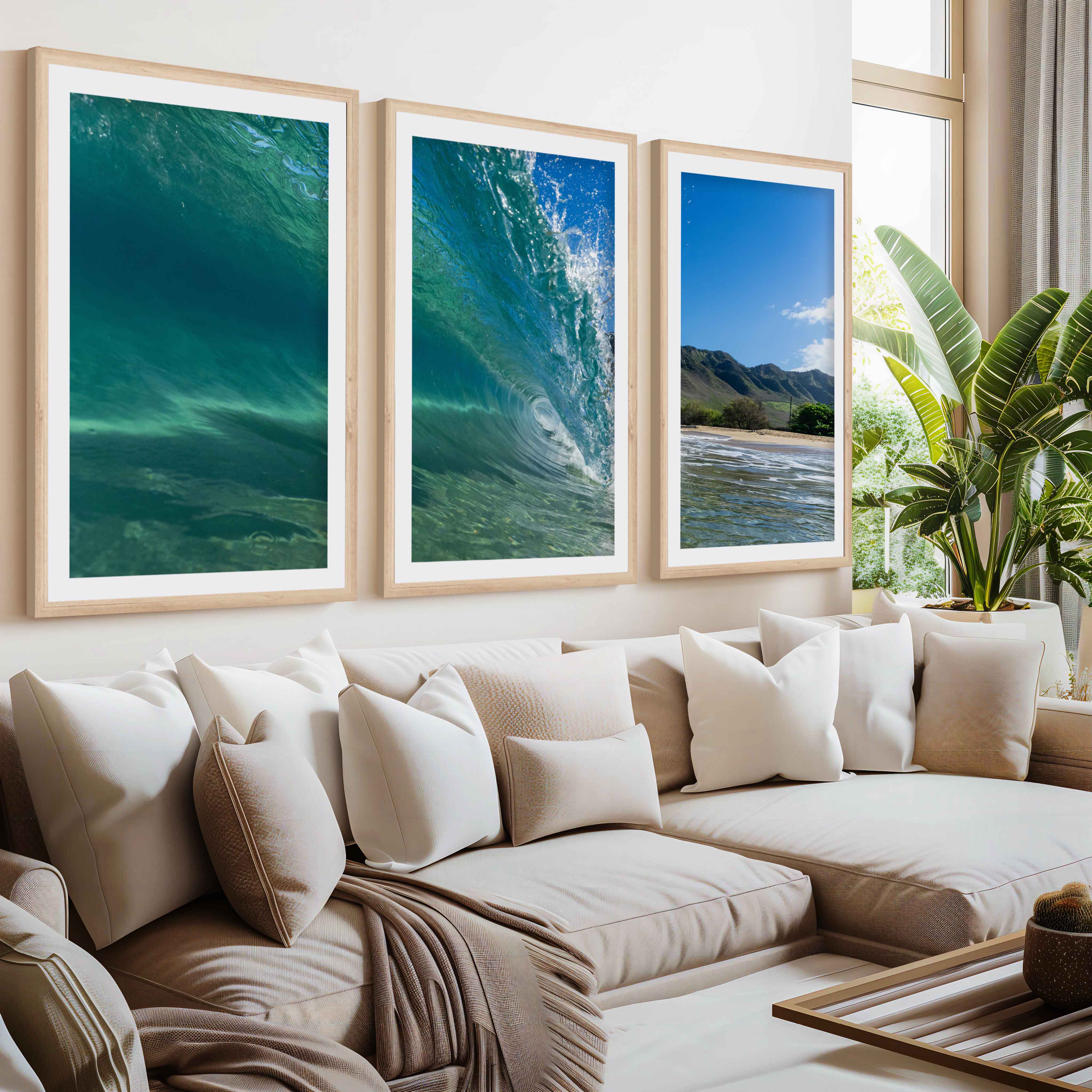 Coastal Style Prints – Ocean Wave Tunnel Triptych (Set of 3)- Natural Wood Framed Poster with White Border - Artworksets