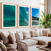 Coastal Style Prints – Ocean Wave Tunnel Triptych (Set of 3)- Natural Wood Framed Poster with White Border - Artworksets