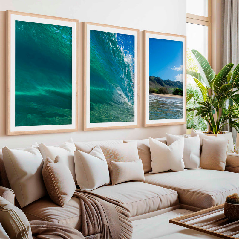Coastal Style Prints – Ocean Wave Tunnel Triptych (Set of 3)- Natural Wood Framed Poster with White Border - Artworksets