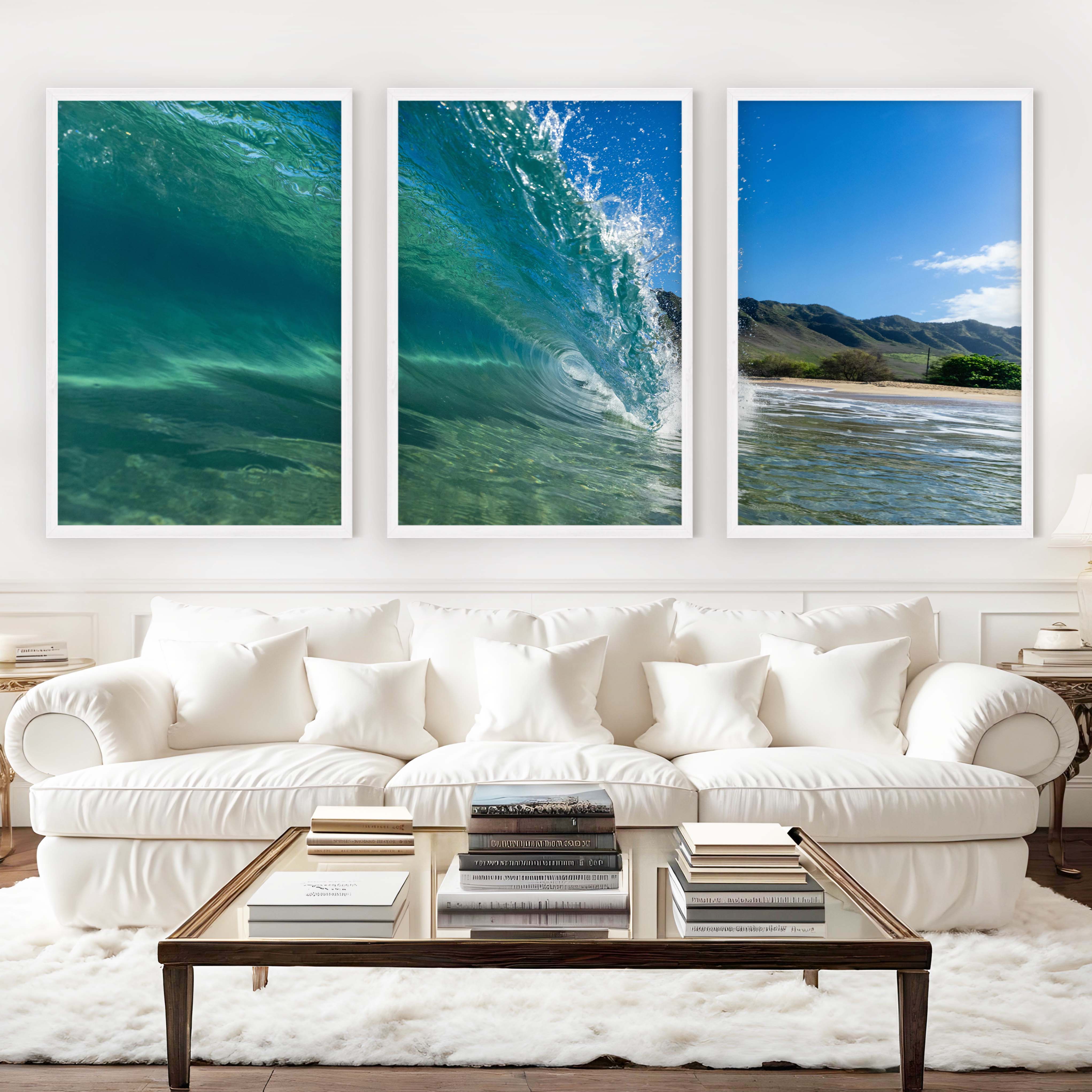 Coastal Style Prints – Ocean Wave Tunnel Triptych (Set of 3) - White Framed Poster No Border - Artworksets