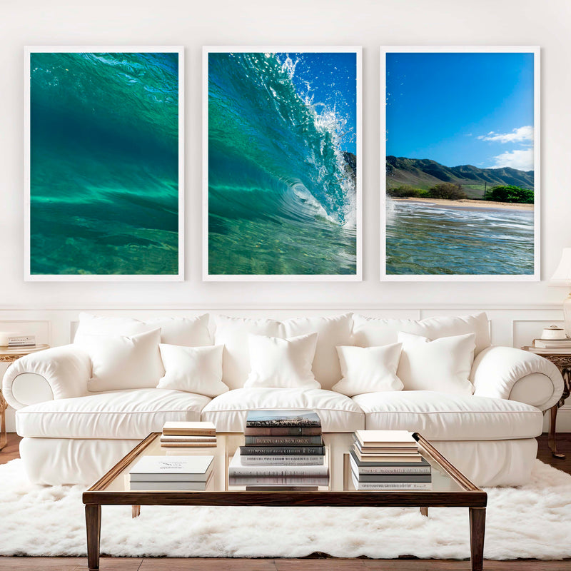 Coastal Style Prints – Ocean Wave Tunnel Triptych (Set of 3) - White Framed Poster No Border - Artworksets