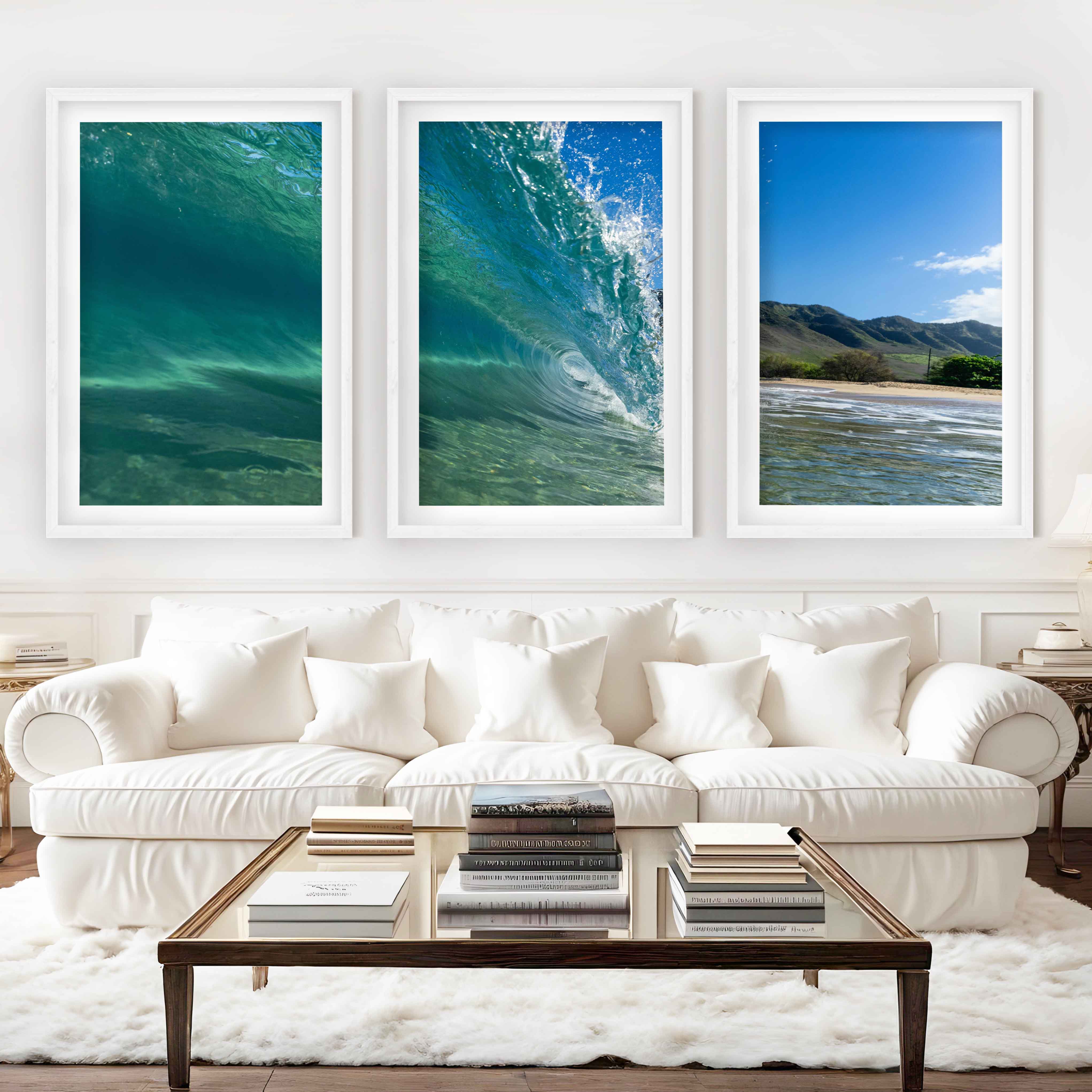 Coastal Style Prints – Ocean Wave Tunnel Triptych (Set of 3) - White Framed Poster with White Border - Artworksets
